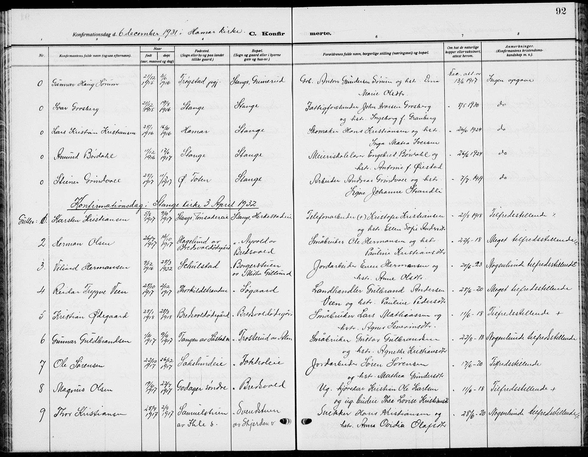 Stange prestekontor, SAH/PREST-002/L/L0018: Parish register (copy) no. 18, 1929-1937, p. 92