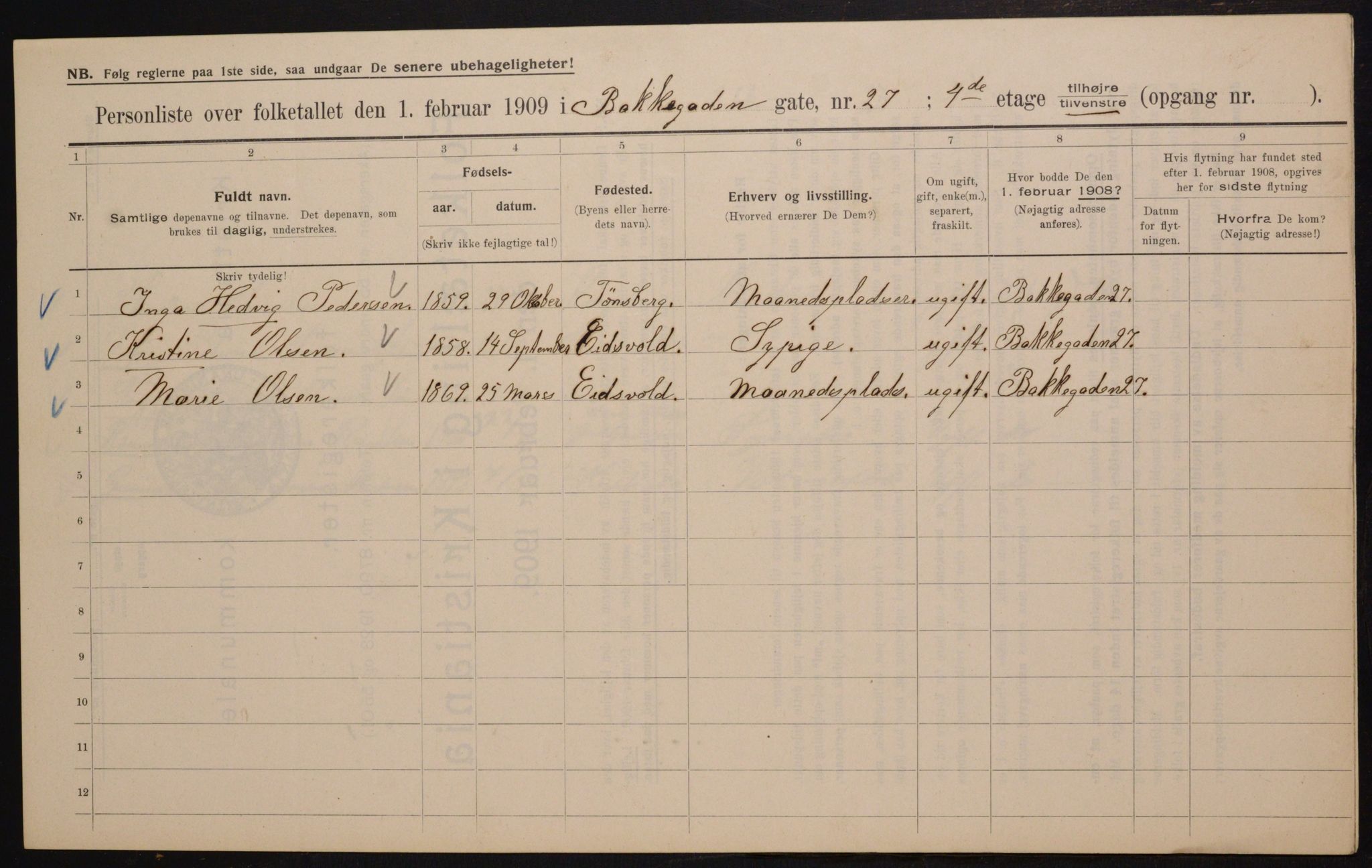 OBA, Municipal Census 1909 for Kristiania, 1909, p. 2788