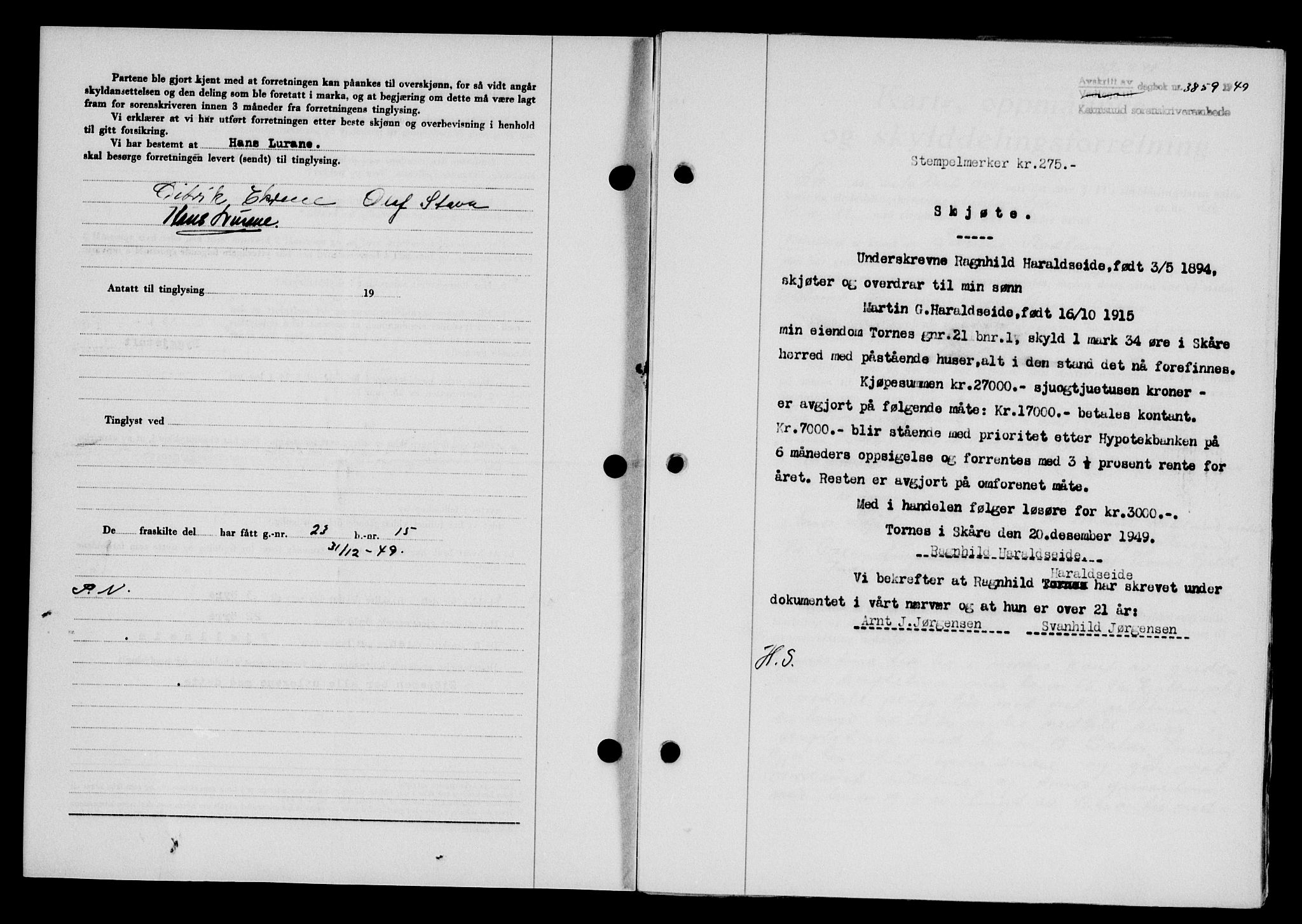 Karmsund sorenskriveri, SAST/A-100311/01/II/IIB/L0098: Mortgage book no. 78A, 1949-1950, Diary no: : 3859/1949