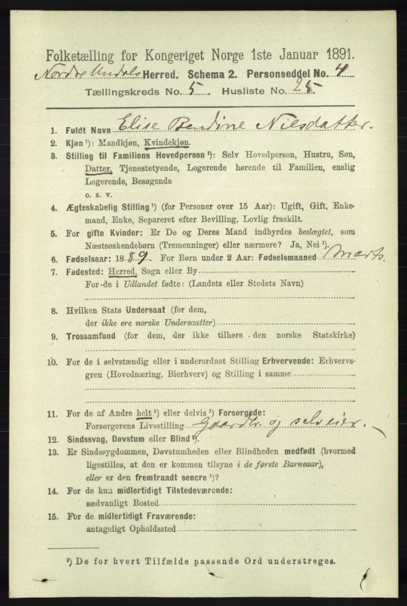 RA, 1891 census for 1028 Nord-Audnedal, 1891, p. 1326