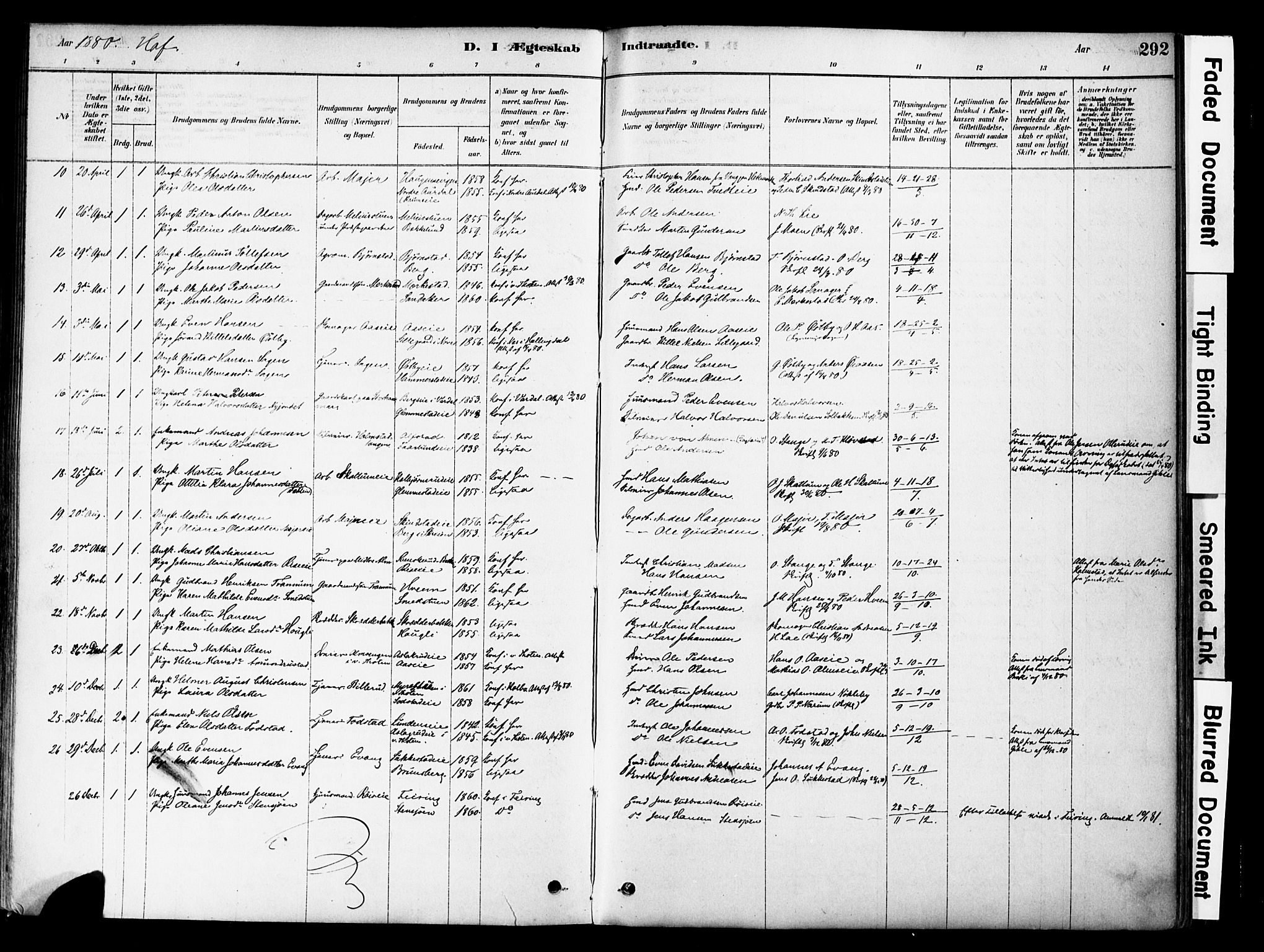 Østre Toten prestekontor, SAH/PREST-104/H/Ha/Haa/L0006: Parish register (official) no. 6 /1, 1878-1896, p. 292