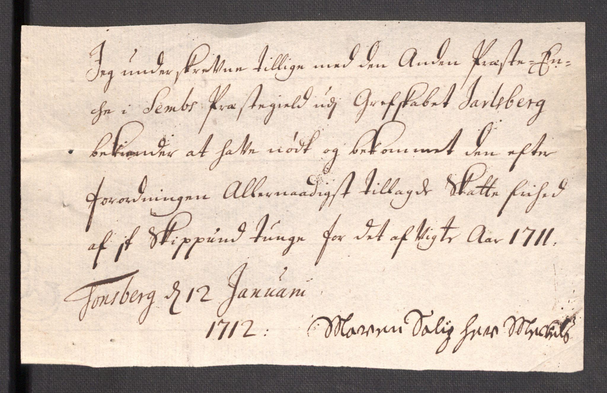 Rentekammeret inntil 1814, Reviderte regnskaper, Fogderegnskap, AV/RA-EA-4092/R32/L1876: Fogderegnskap Jarlsberg grevskap, 1711, p. 450