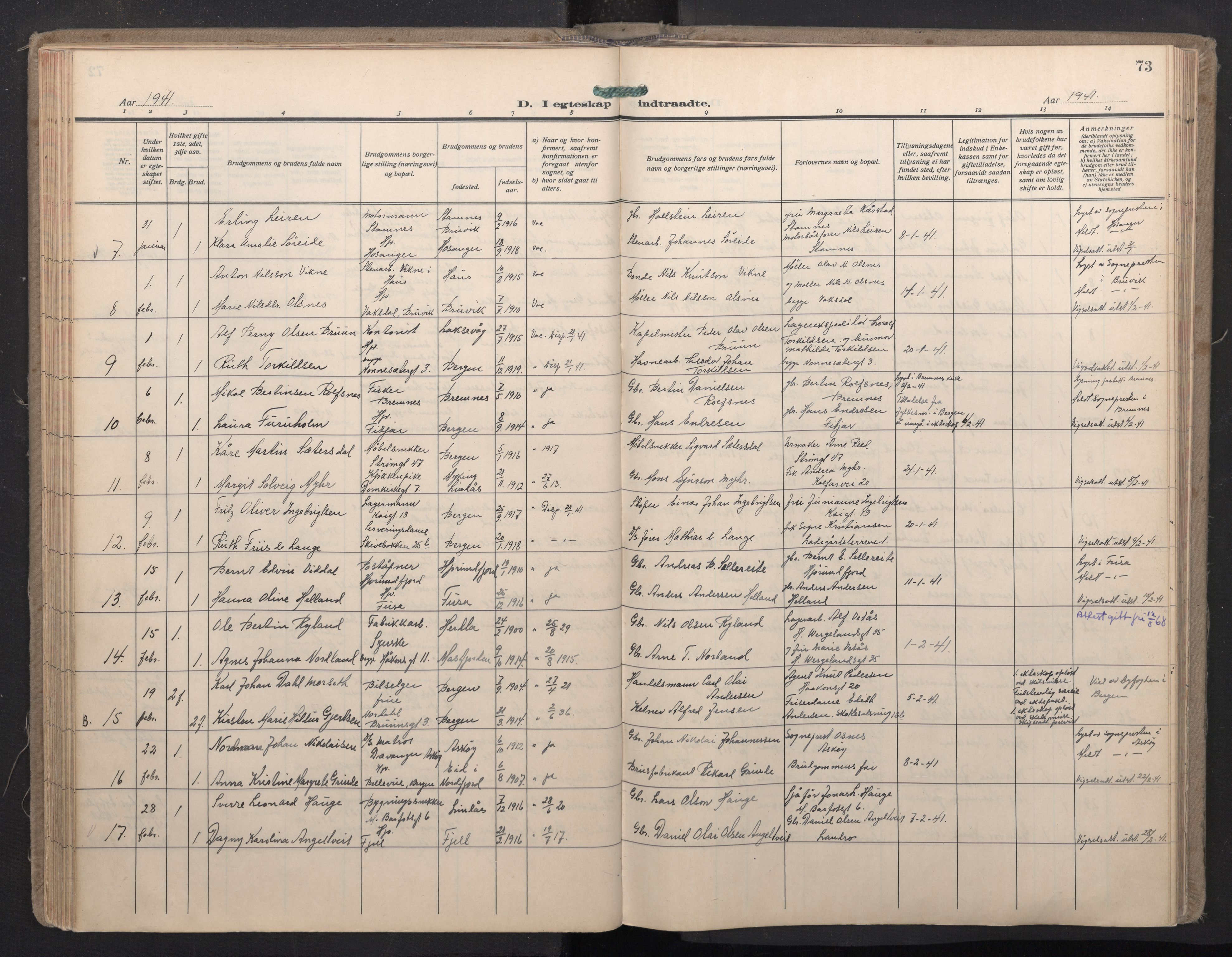 Domkirken sokneprestembete, SAB/A-74801/H/Haa: Parish register (official) no. D 7, 1937-1950, p. 72b-73a