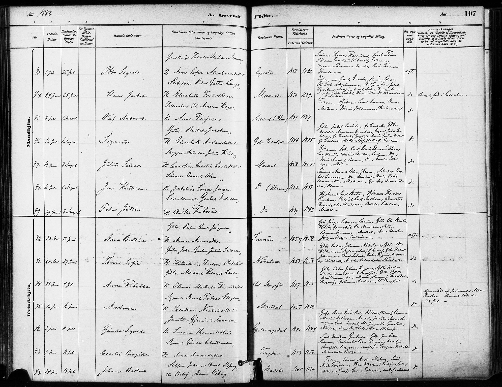 Mandal sokneprestkontor, SAK/1111-0030/F/Fa/Faa/L0016: Parish register (official) no. A 16, 1880-1890, p. 107