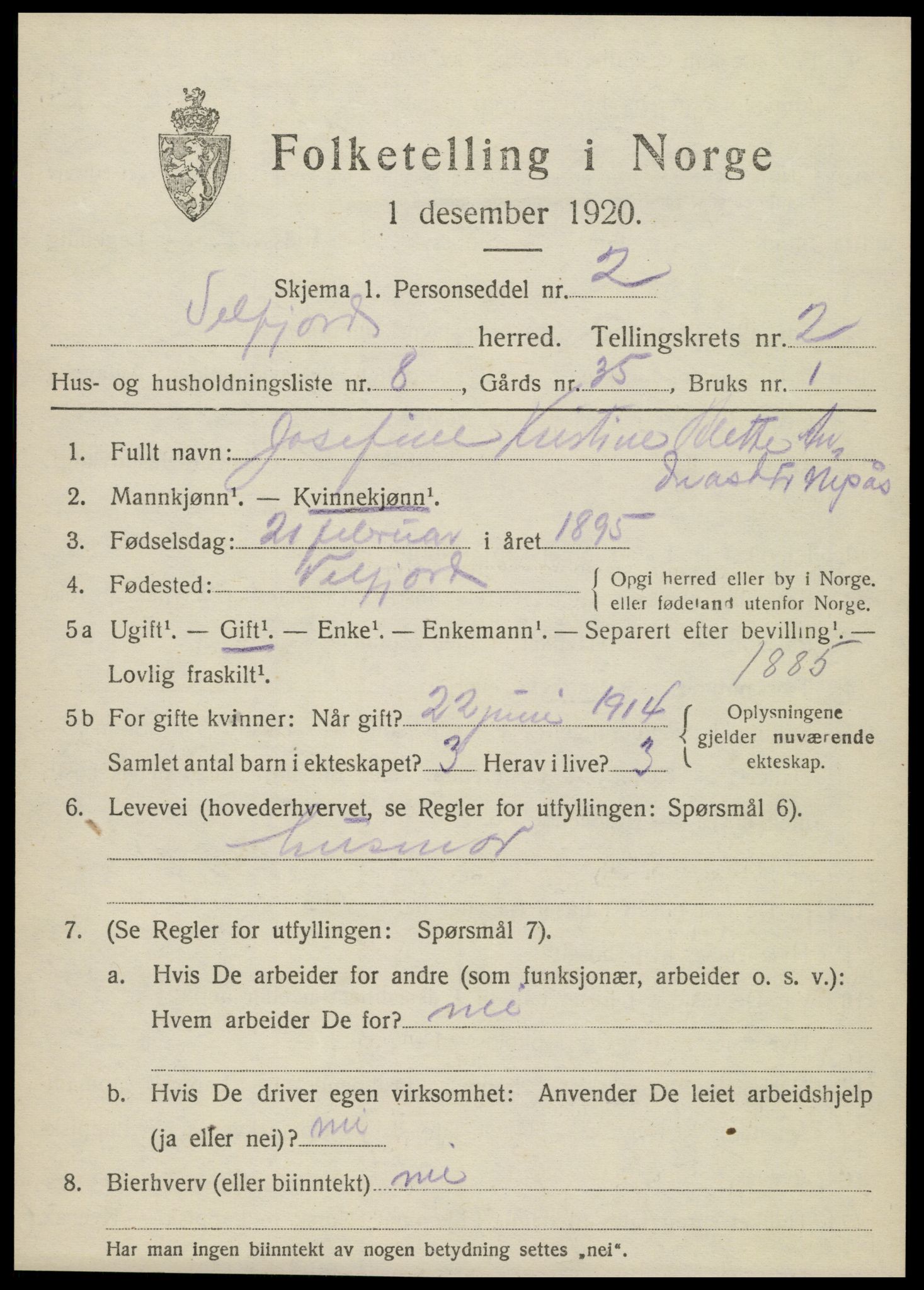 SAT, 1920 census for Velfjord, 1920, p. 1273