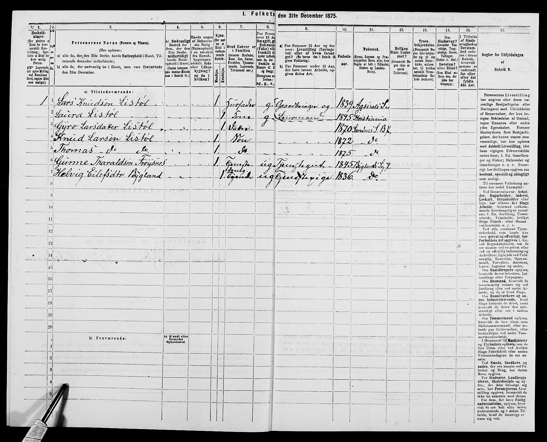 SAK, 1875 census for 0938P Bygland, 1875, p. 320