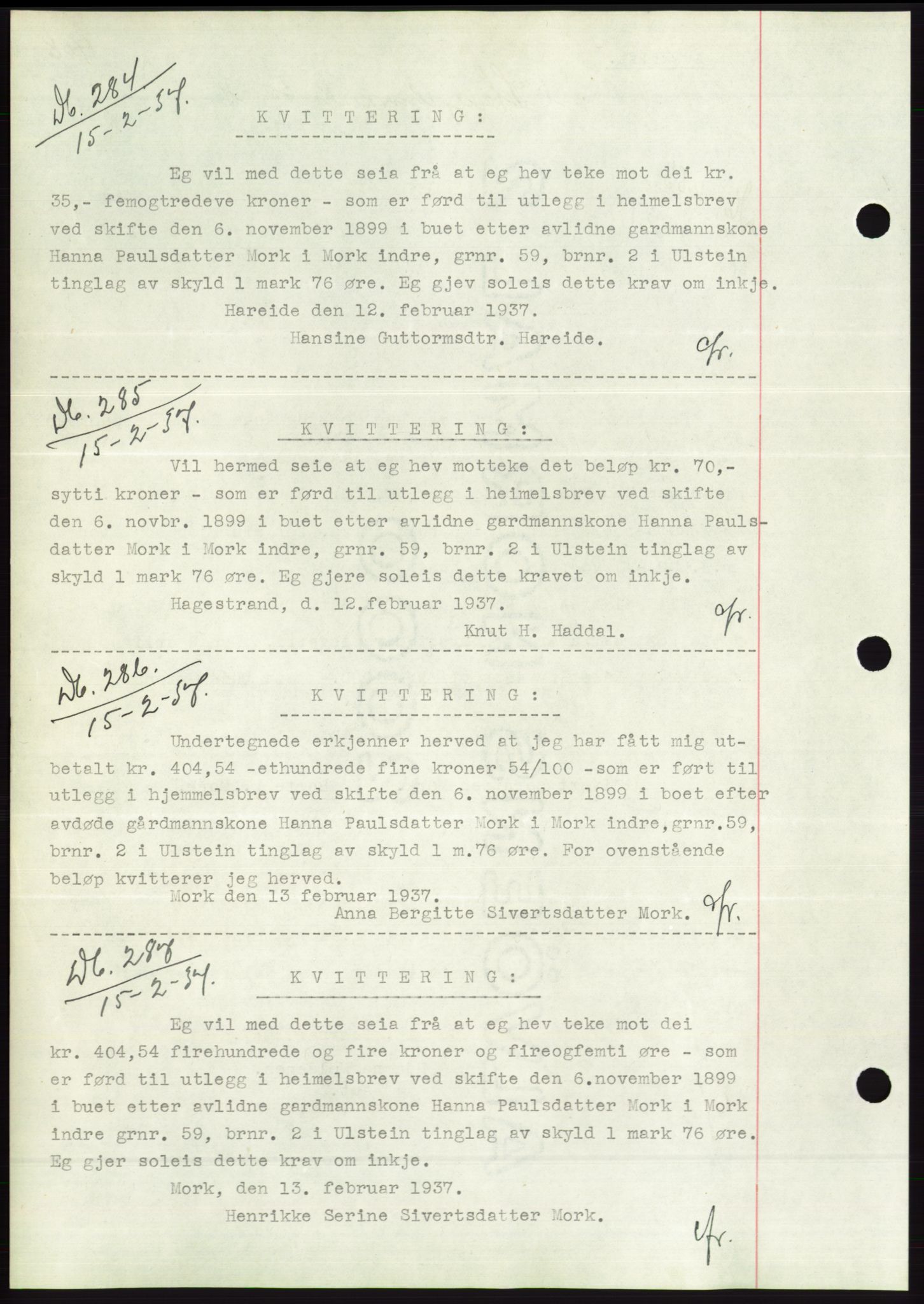 Søre Sunnmøre sorenskriveri, SAT/A-4122/1/2/2C/L0062: Mortgage book no. 56, 1936-1937, Diary no: : 284/1937