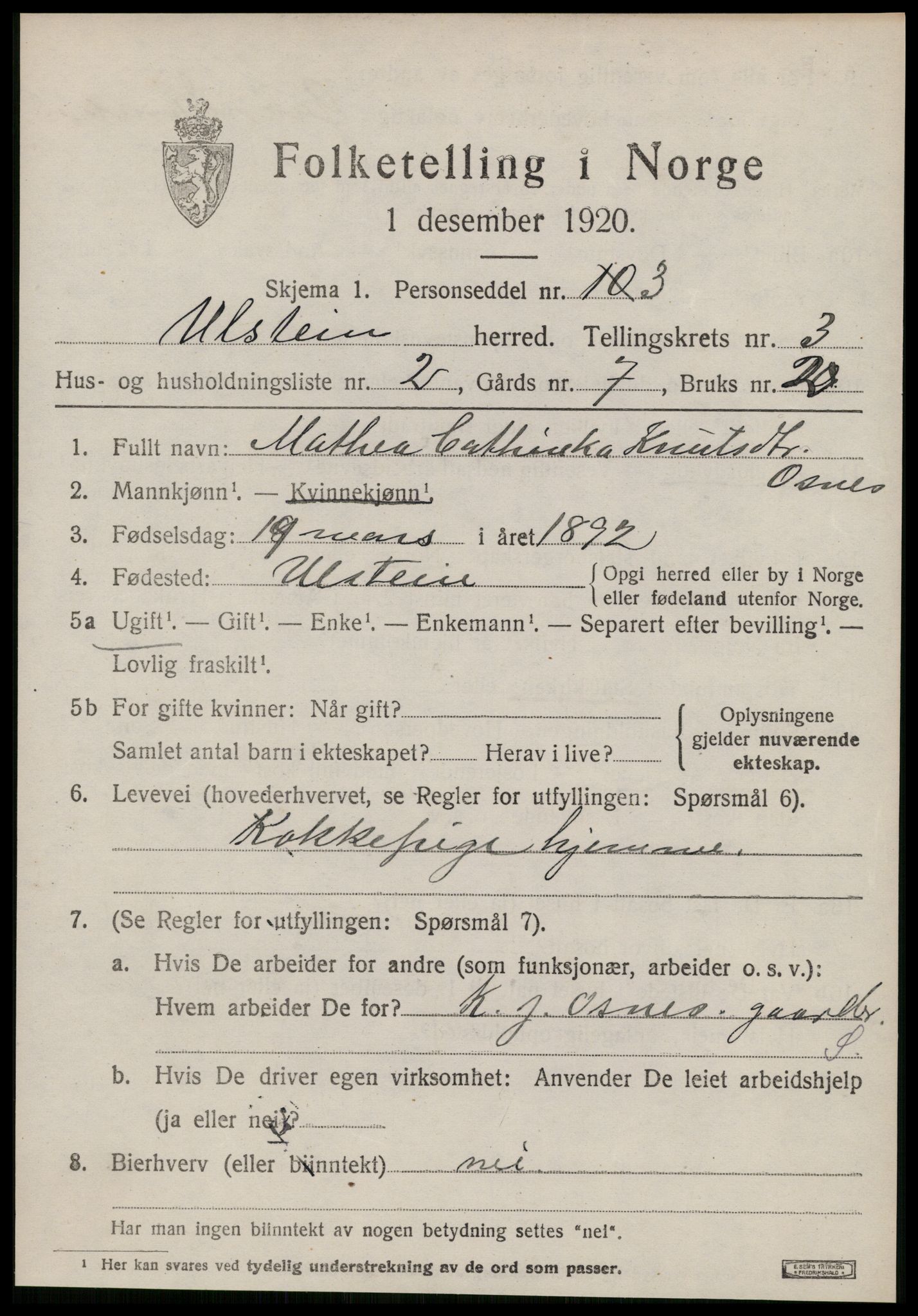 SAT, 1920 census for Ulstein, 1920, p. 1642