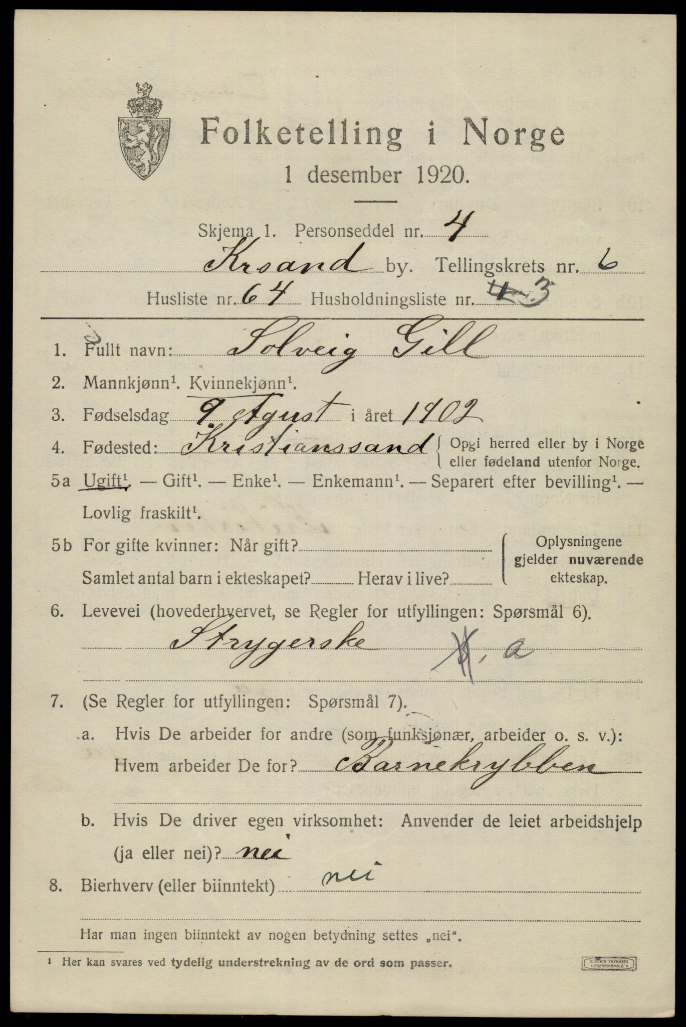 SAK, 1920 census for Kristiansand, 1920, p. 19541