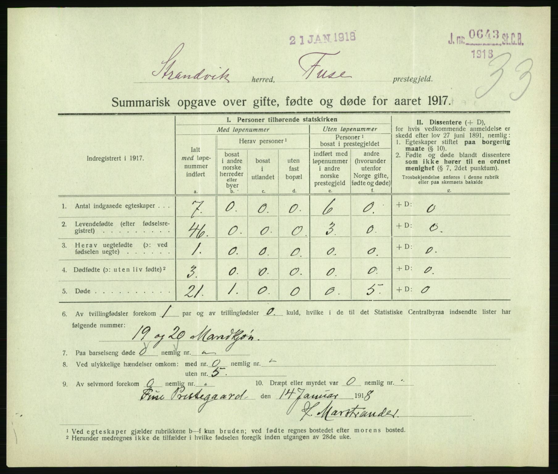 Statistisk sentralbyrå, Sosiodemografiske emner, Befolkning, AV/RA-S-2228/D/Df/Dfb/Dfbg/L0056: Summariske oppgaver over gifte, fødte og døde for hele landet., 1917, p. 903