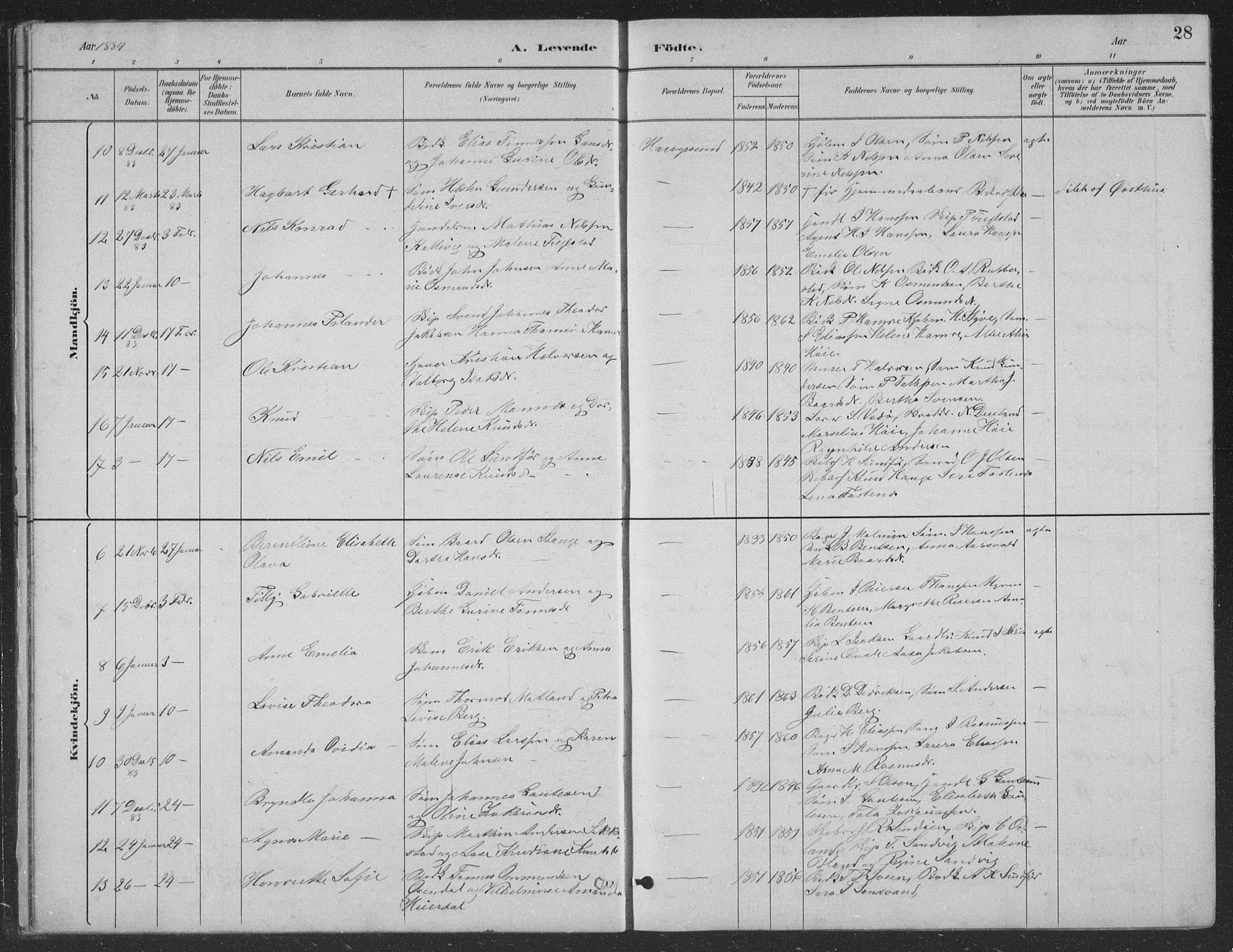 Haugesund sokneprestkontor, AV/SAST-A -101863/H/Ha/Hab/L0002: Parish register (copy) no. B 2, 1881-1894, p. 28