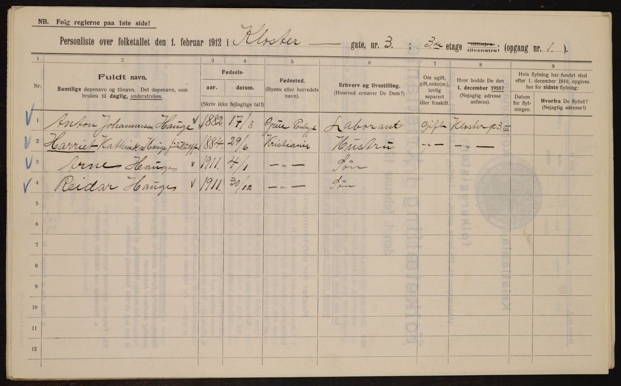 OBA, Municipal Census 1912 for Kristiania, 1912, p. 52329