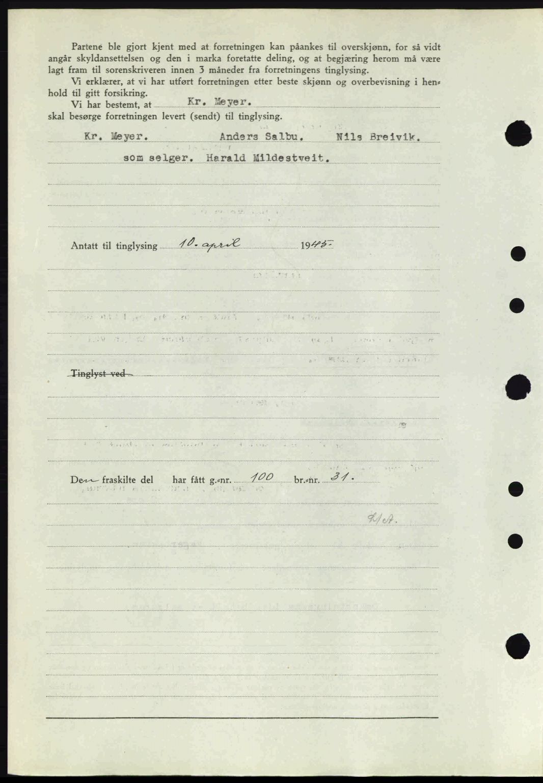 Midhordland sorenskriveri, SAB/A-3001/1/G/Gb/Gbj/L0019: Mortgage book no. A37-38, 1944-1945, Diary no: : 1039/1945