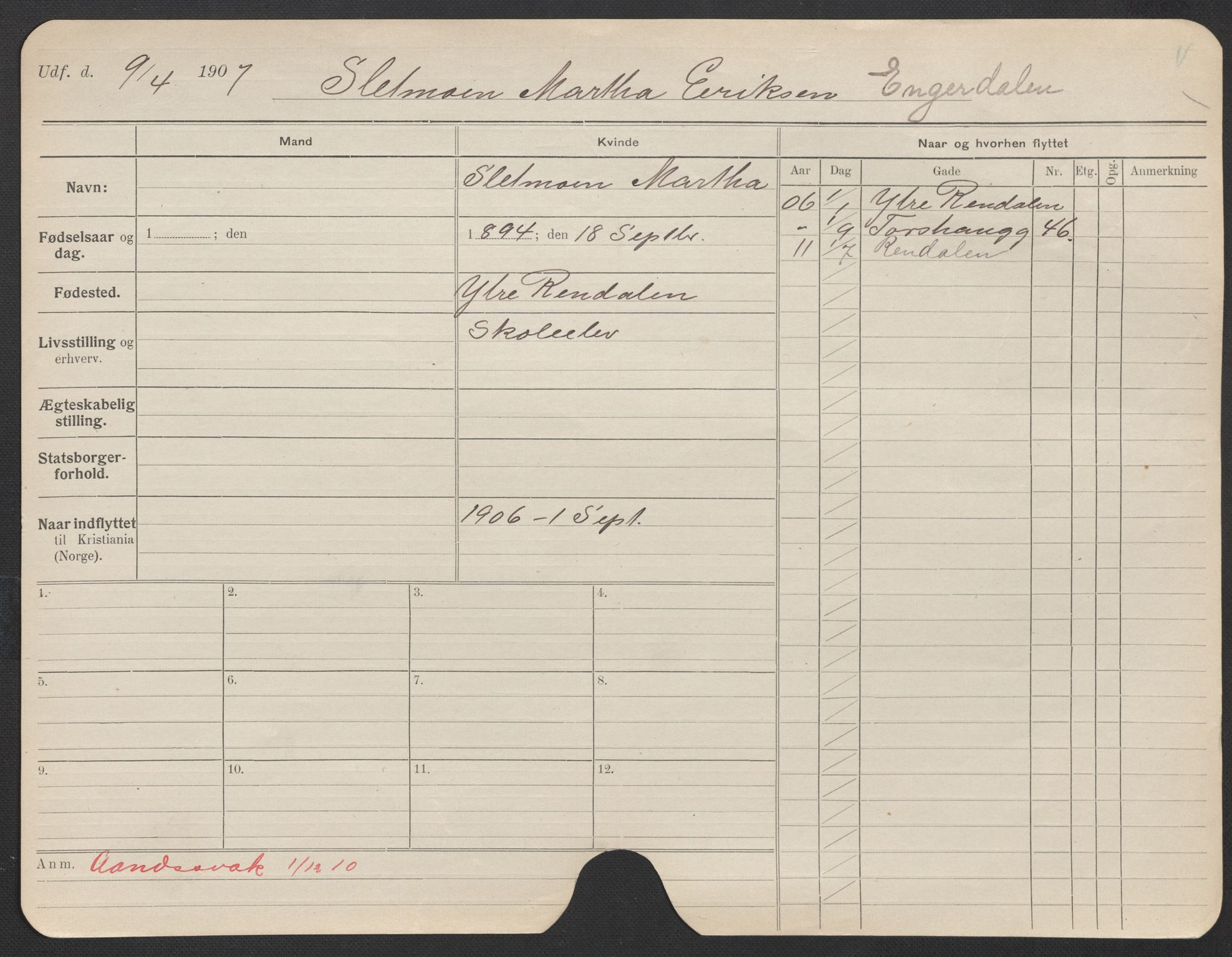 Oslo folkeregister, Registerkort, AV/SAO-A-11715/F/Fa/Fac/L0024: Kvinner, 1906-1914, p. 10a