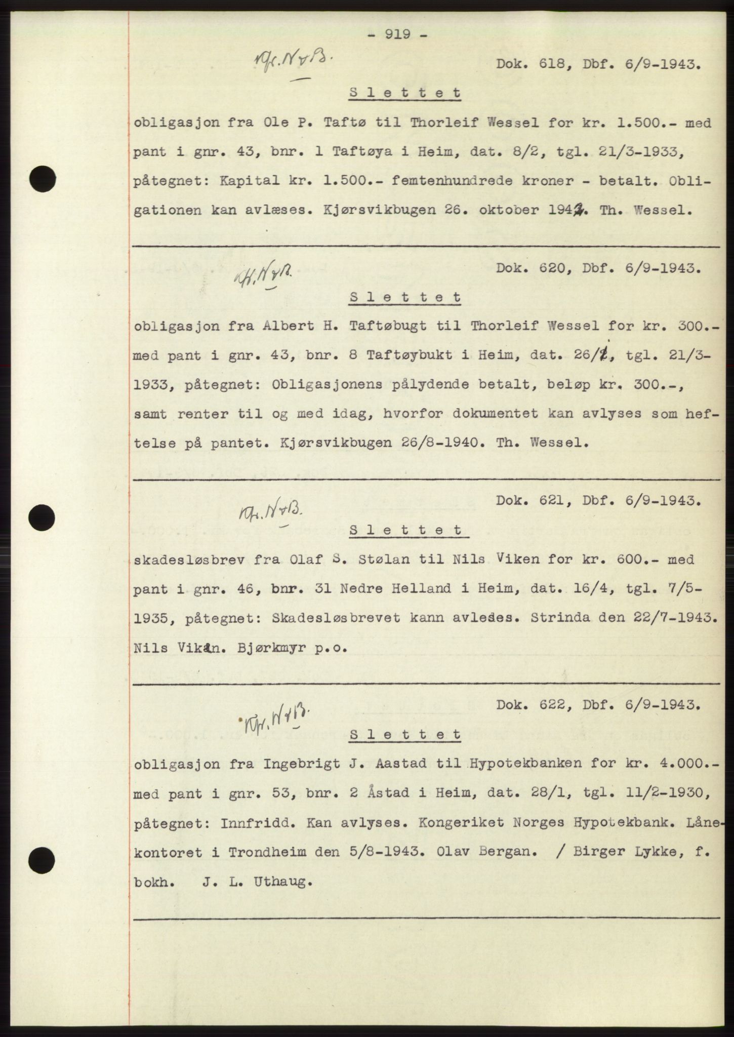 Hitra sorenskriveri, AV/SAT-A-0018/2/2C/2Ca: Mortgage book no. C1, 1936-1945, Diary no: : 618/1943