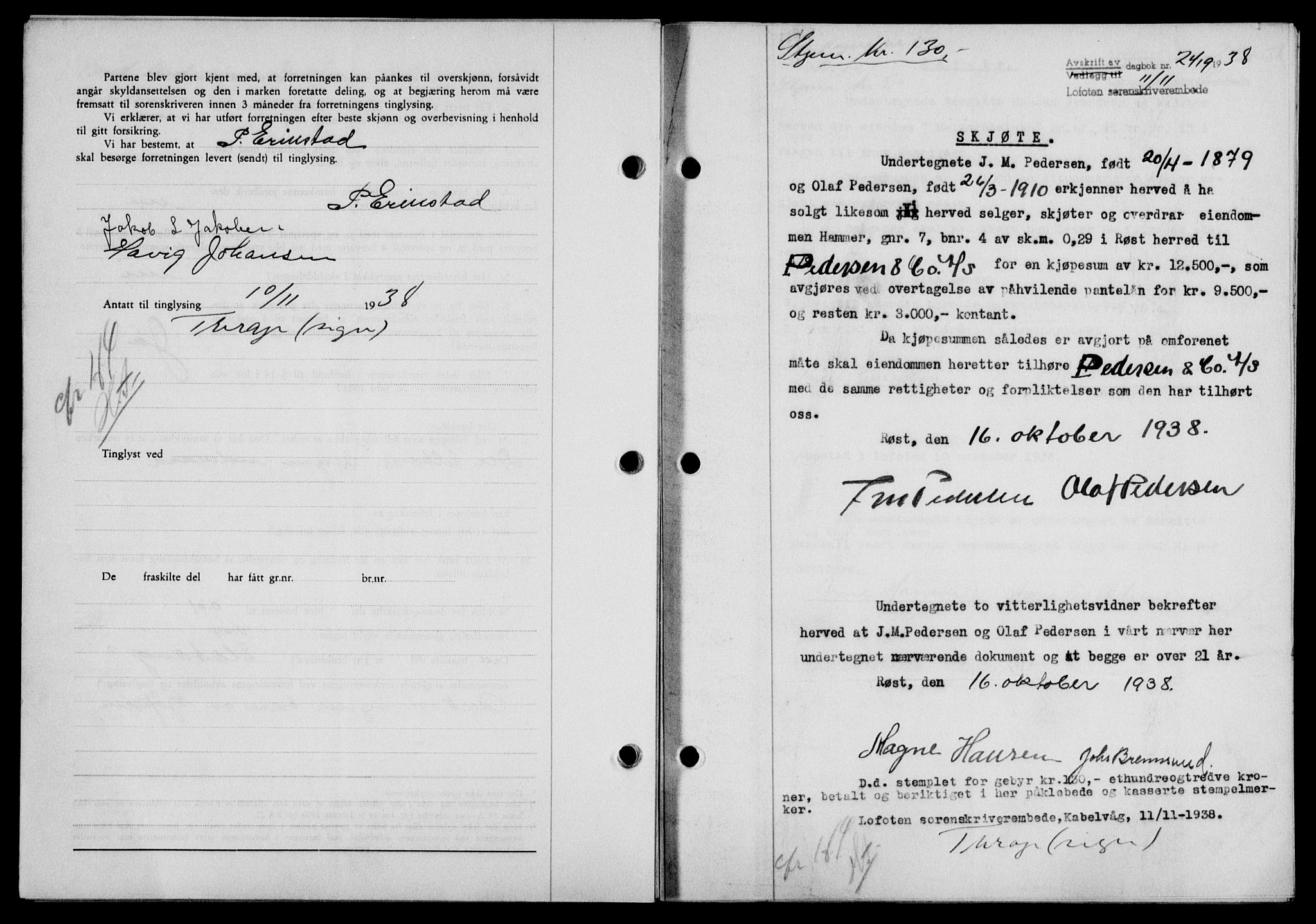 Lofoten sorenskriveri, SAT/A-0017/1/2/2C/L0004a: Mortgage book no. 4a, 1938-1938, Diary no: : 2419/1938