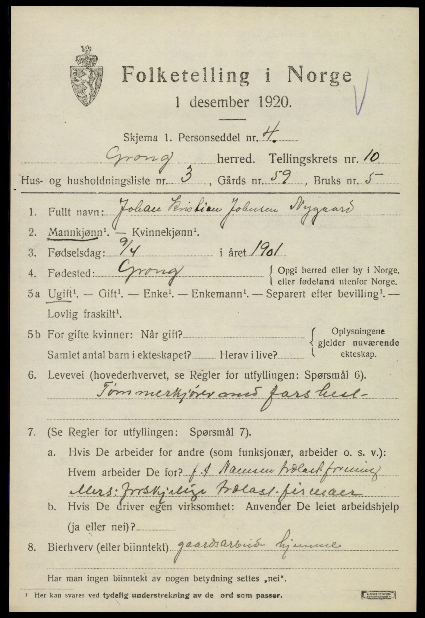 SAT, 1920 census for Grong, 1920, p. 5623