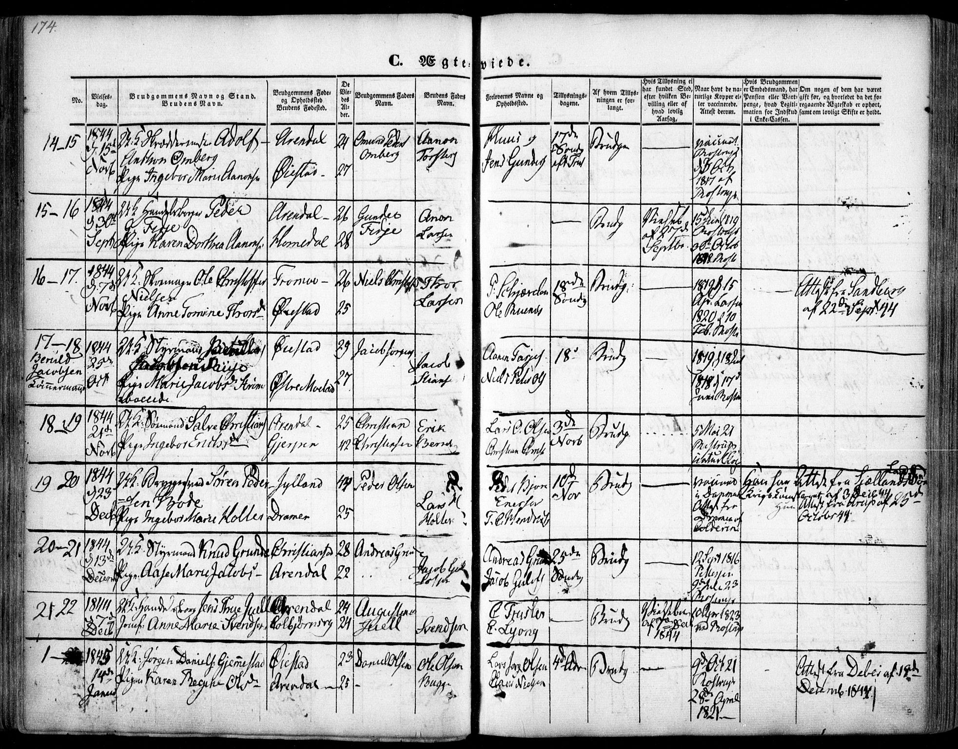 Arendal sokneprestkontor, Trefoldighet, AV/SAK-1111-0040/F/Fa/L0005: Parish register (official) no. A 5, 1838-1854, p. 174