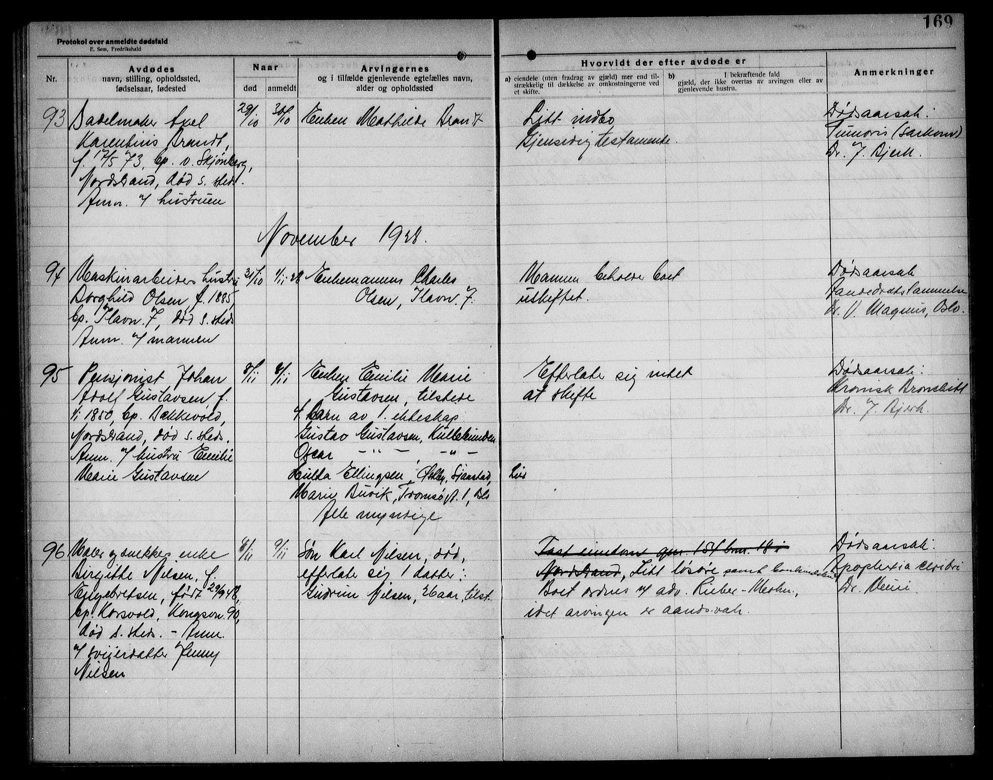 Aker kriminaldommer, skifte- og auksjonsforvalterembete, AV/SAO-A-10452/H/Hb/Hba/Hbad/L0001: Dødsfallsprotokoll for Nordstrand, 1922-1929, p. 169