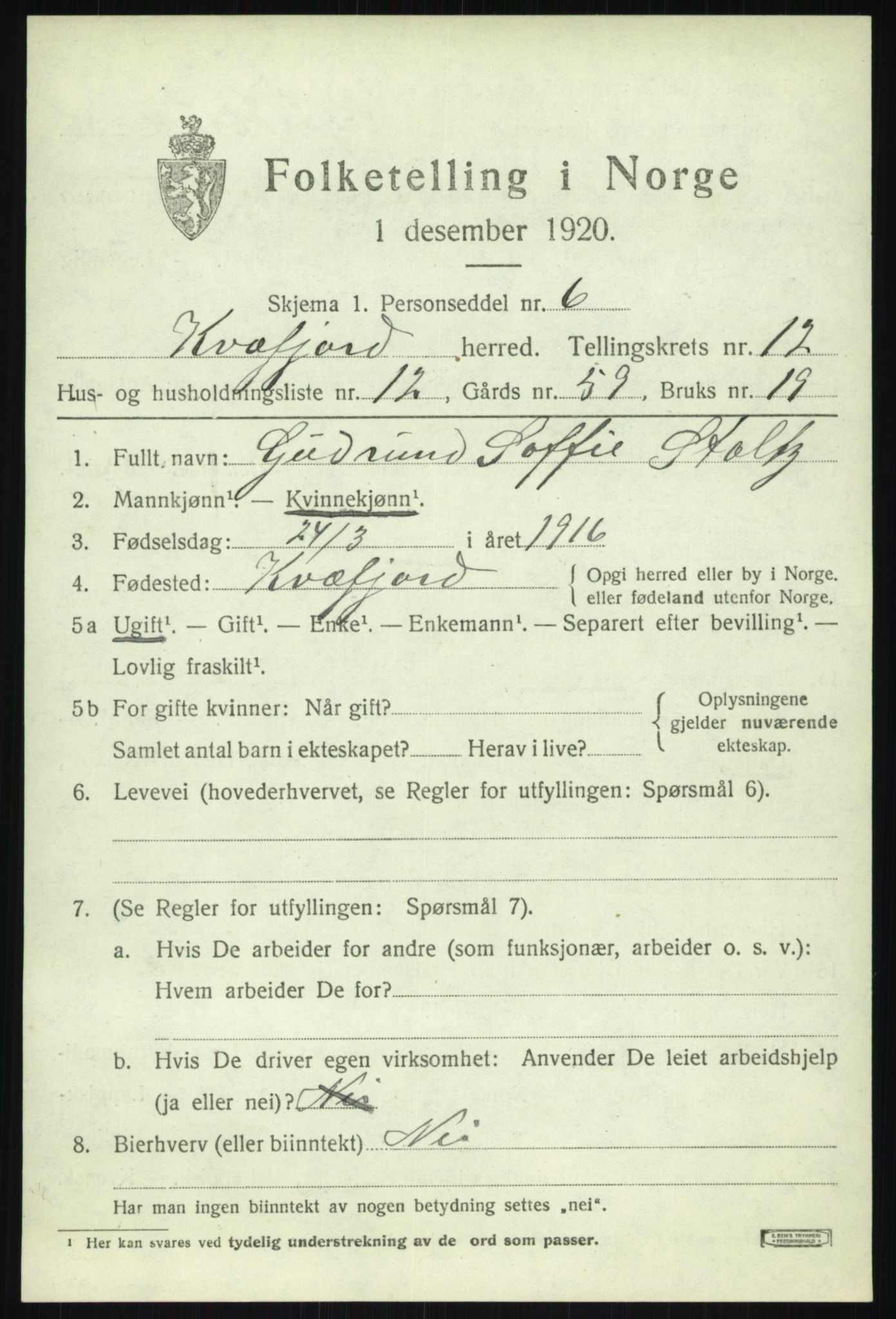 SATØ, 1920 census for Kvæfjord, 1920, p. 5831