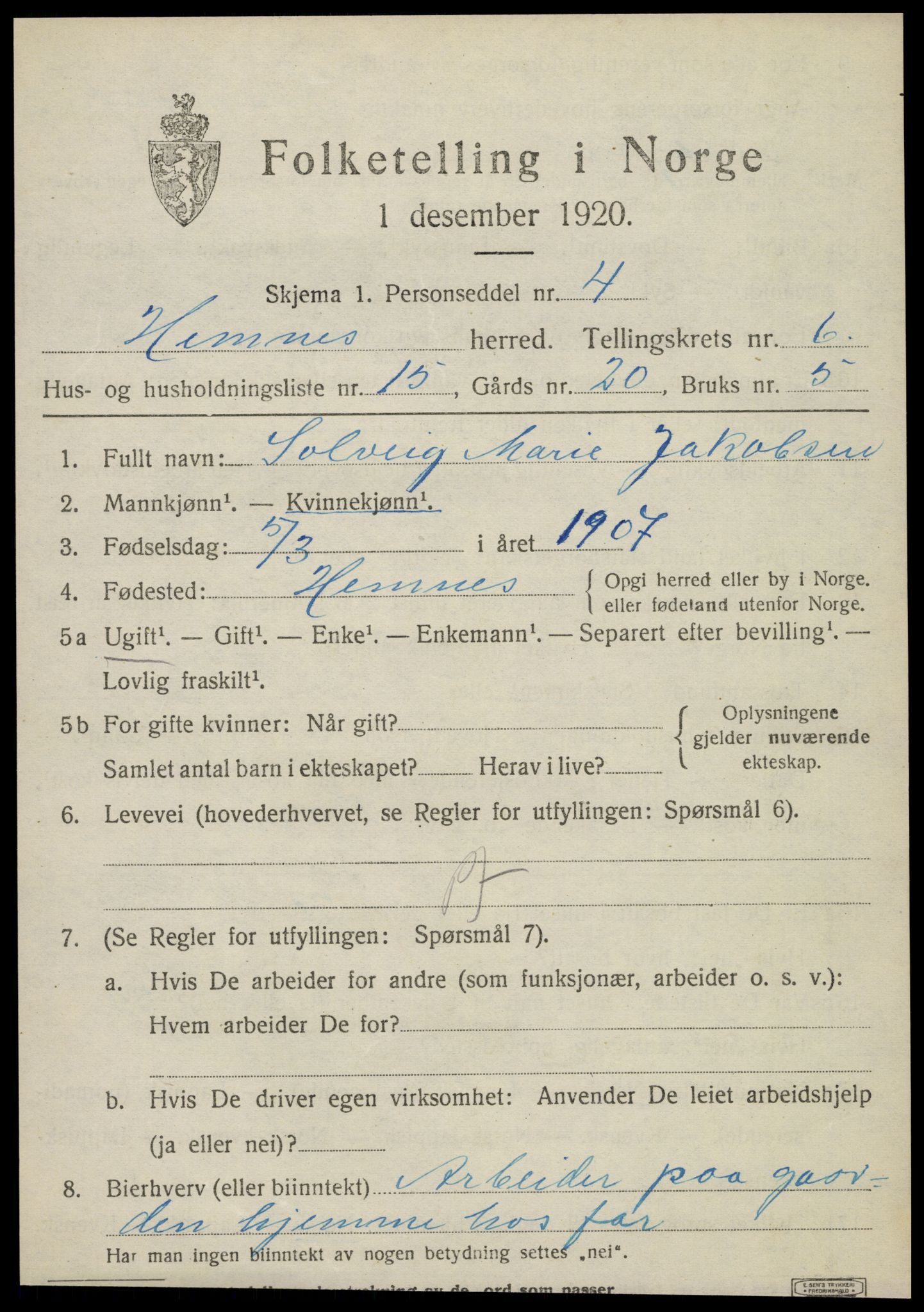 SAT, 1920 census for Hemnes, 1920, p. 6540