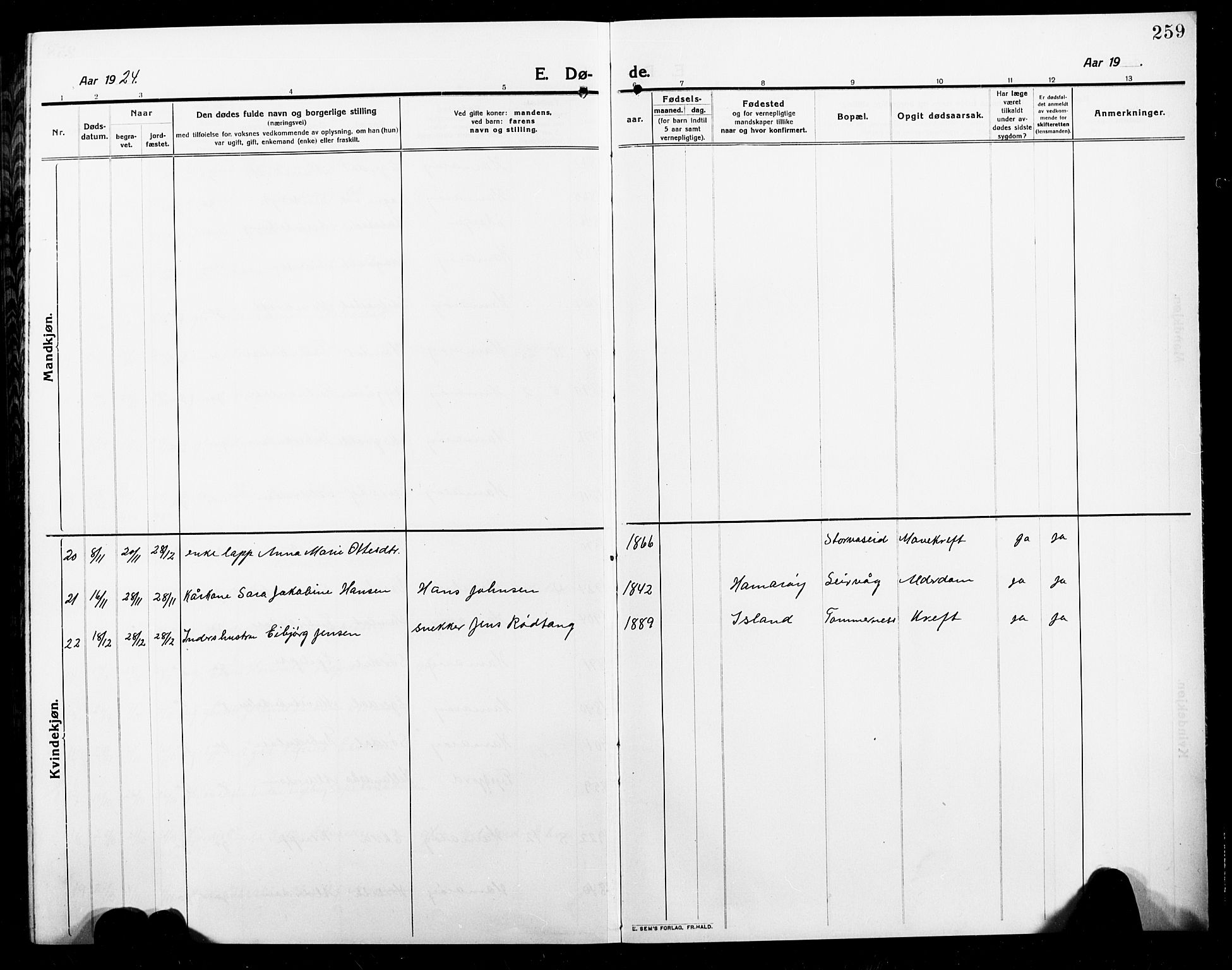 Ministerialprotokoller, klokkerbøker og fødselsregistre - Nordland, AV/SAT-A-1459/859/L0861: Parish register (copy) no. 859C07, 1910-1925, p. 259