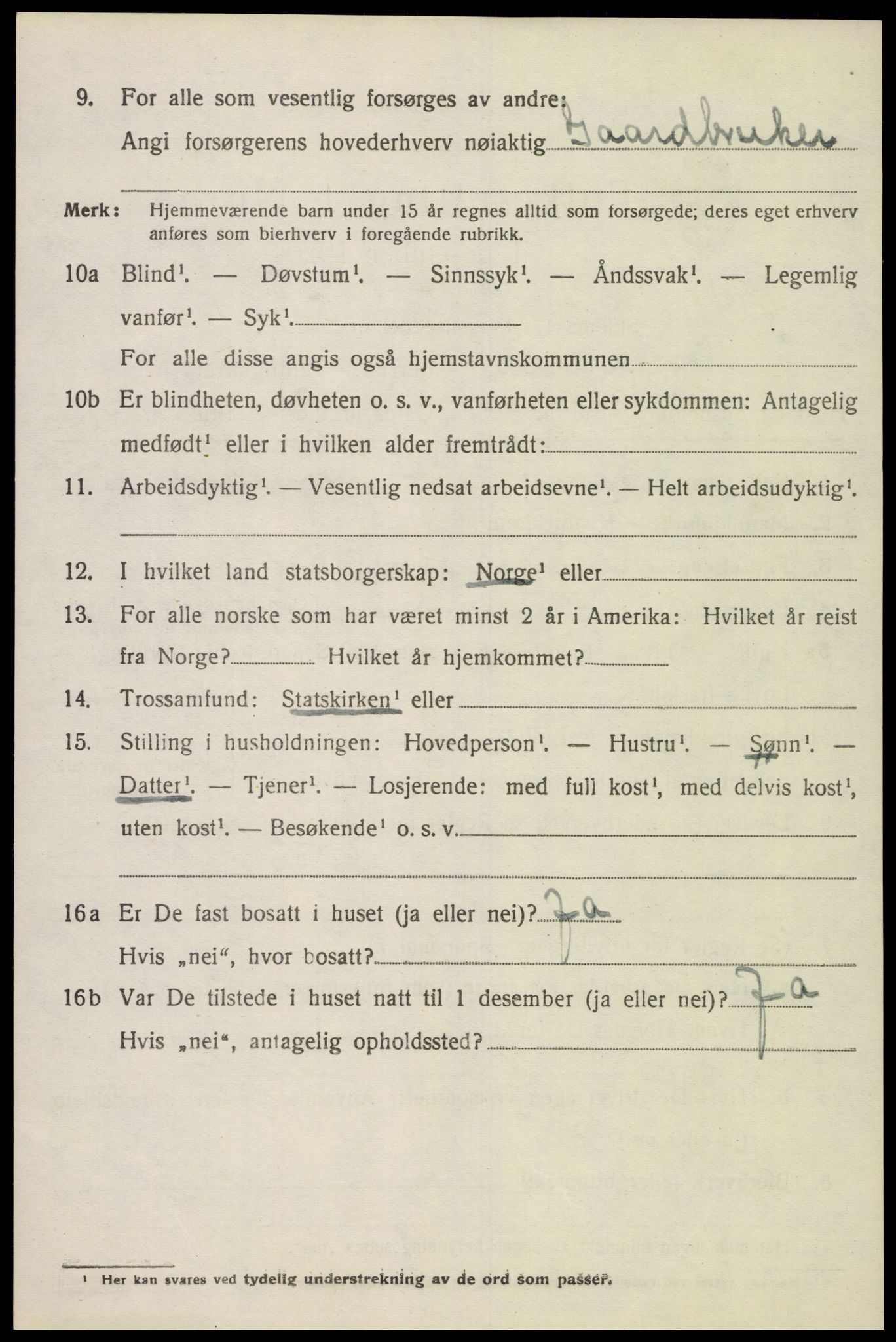 SAK, 1920 census for Bjelland, 1920, p. 2054