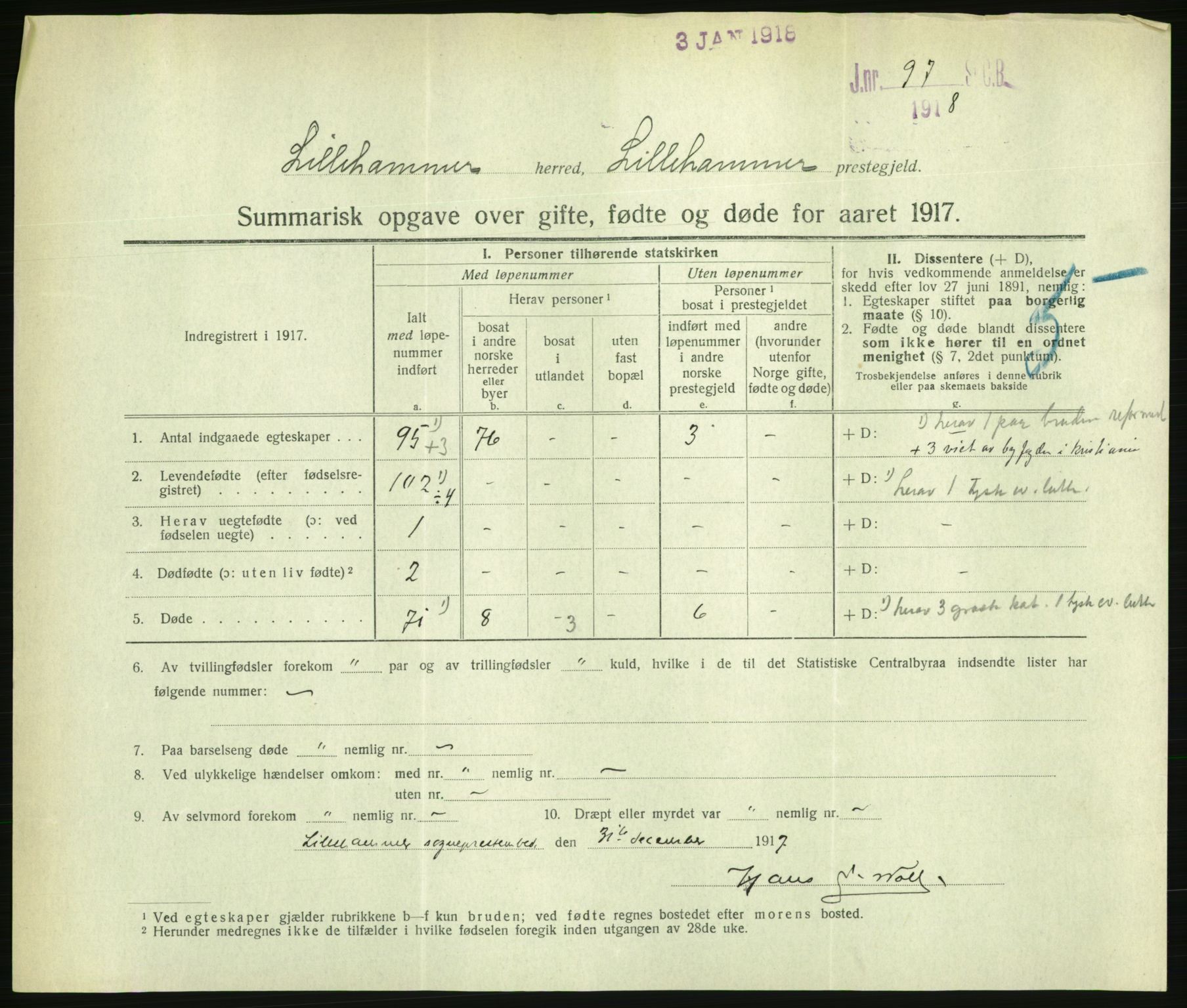 Statistisk sentralbyrå, Sosiodemografiske emner, Befolkning, RA/S-2228/D/Df/Dfb/Dfbg/L0056: Summariske oppgaver over gifte, fødte og døde for hele landet., 1917, p. 293