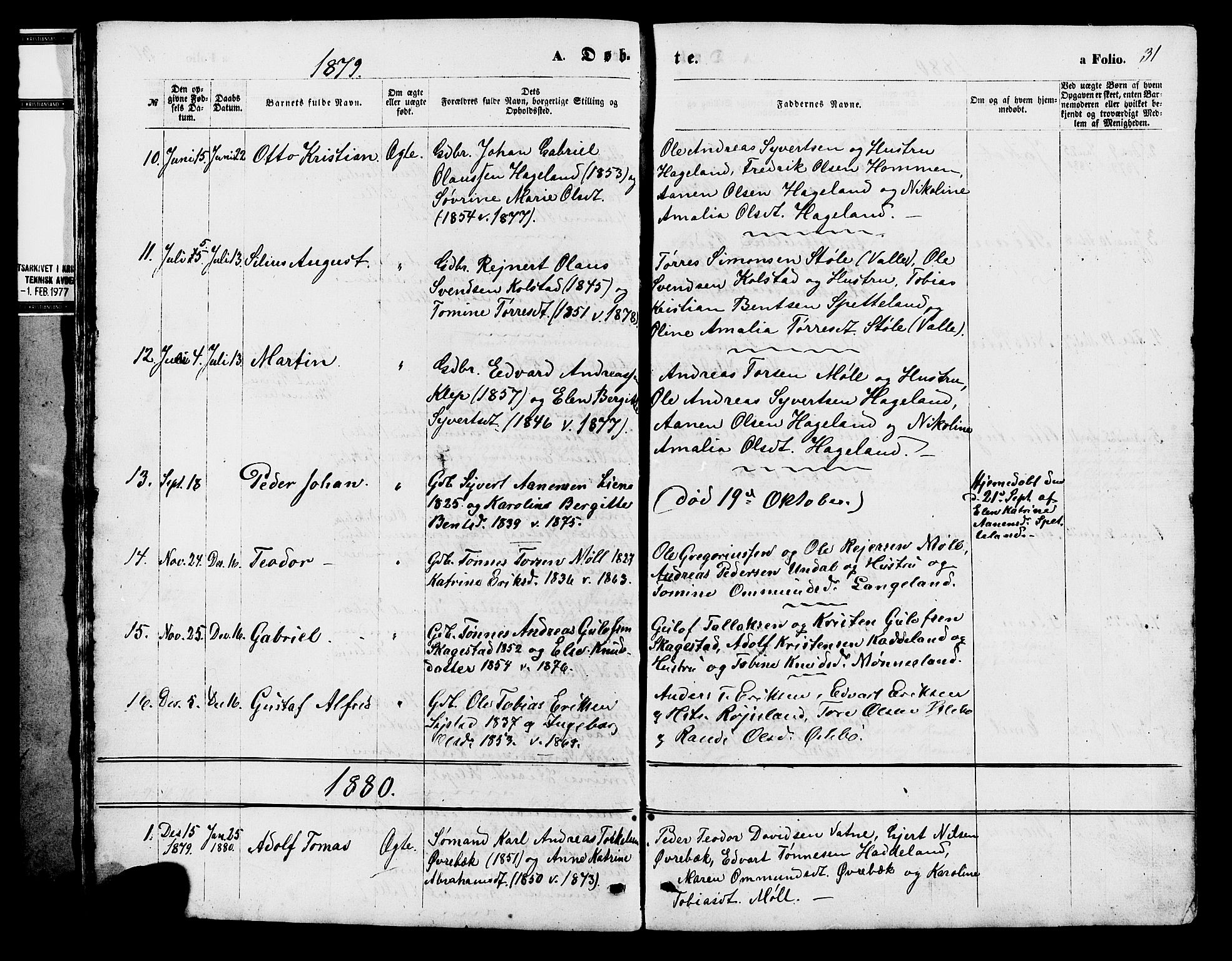 Holum sokneprestkontor, SAK/1111-0022/F/Fb/Fba/L0004: Parish register (copy) no. B 4, 1867-1890, p. 31