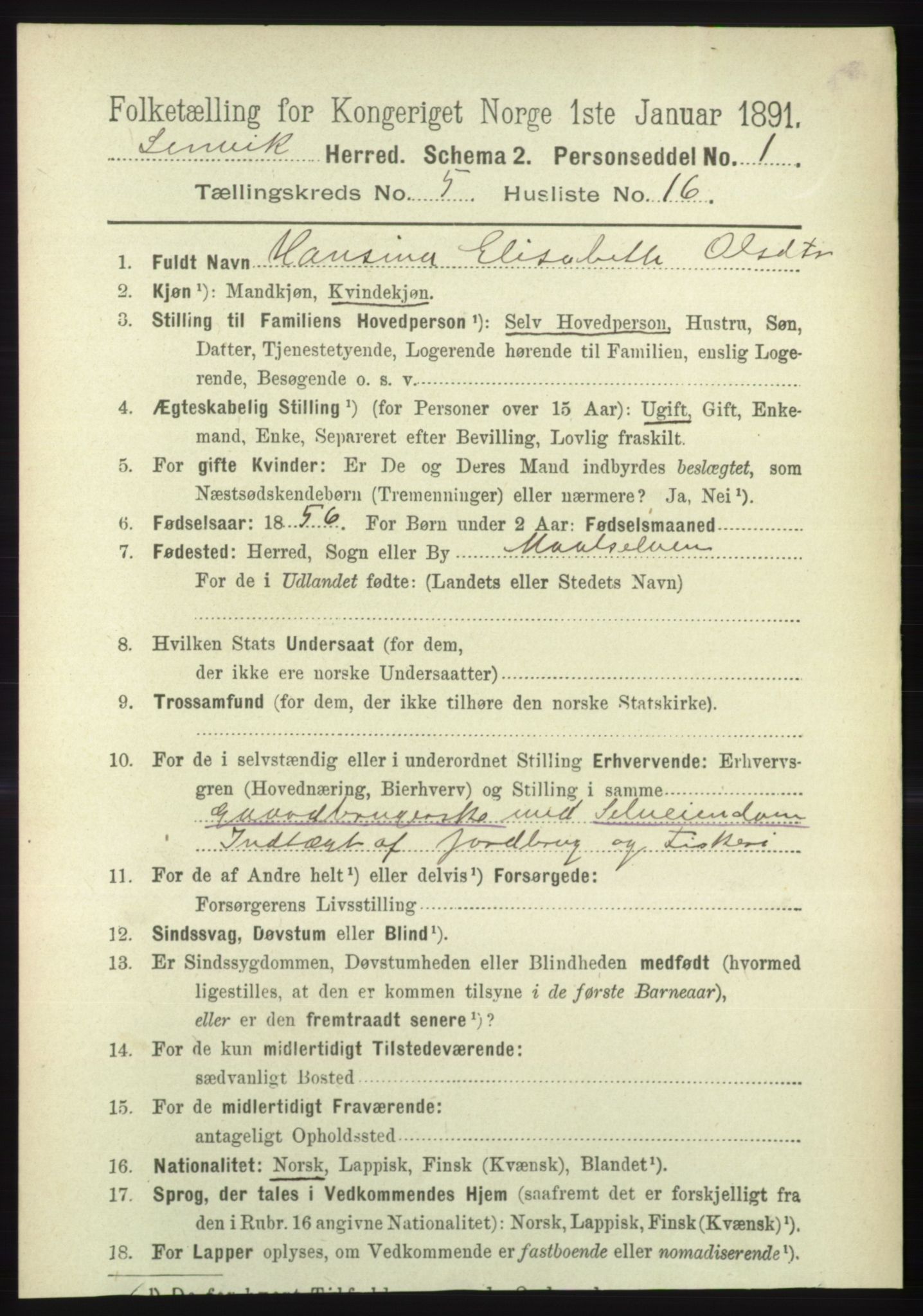 RA, 1891 census for 1931 Lenvik, 1891, p. 2647
