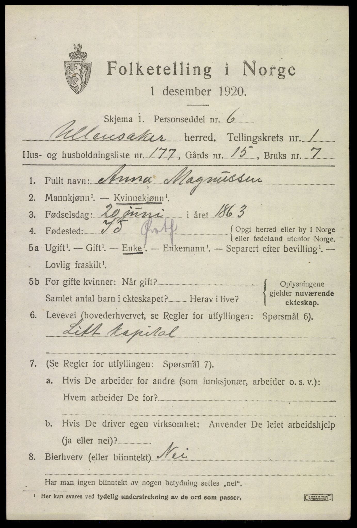 SAO, 1920 census for Ullensaker, 1920, p. 4651