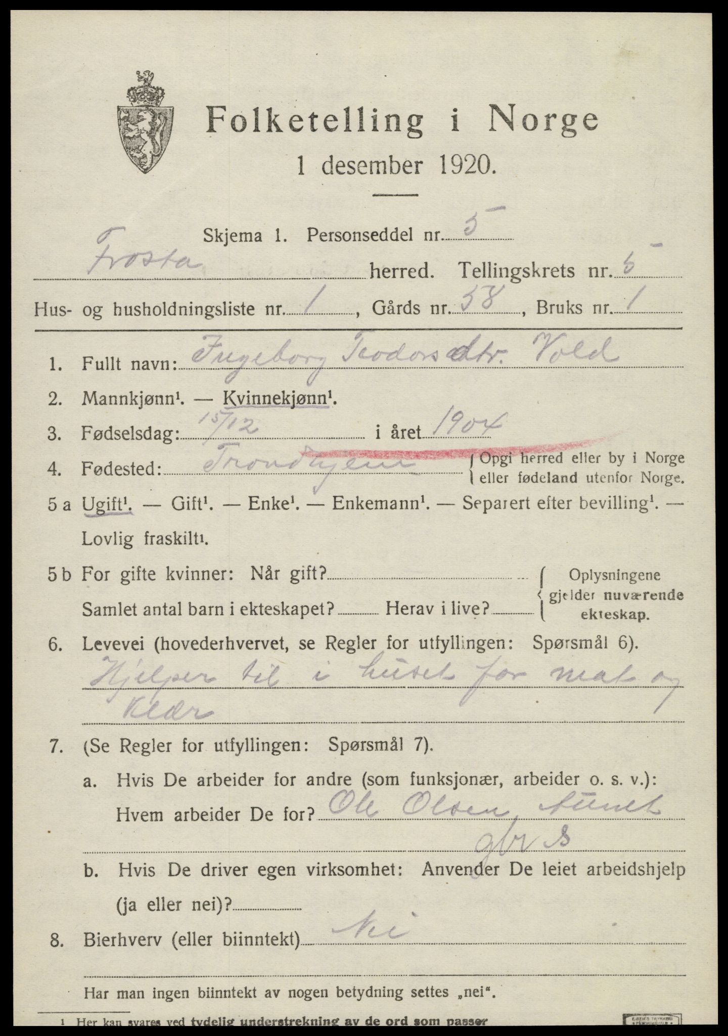 SAT, 1920 census for Frosta, 1920, p. 5844