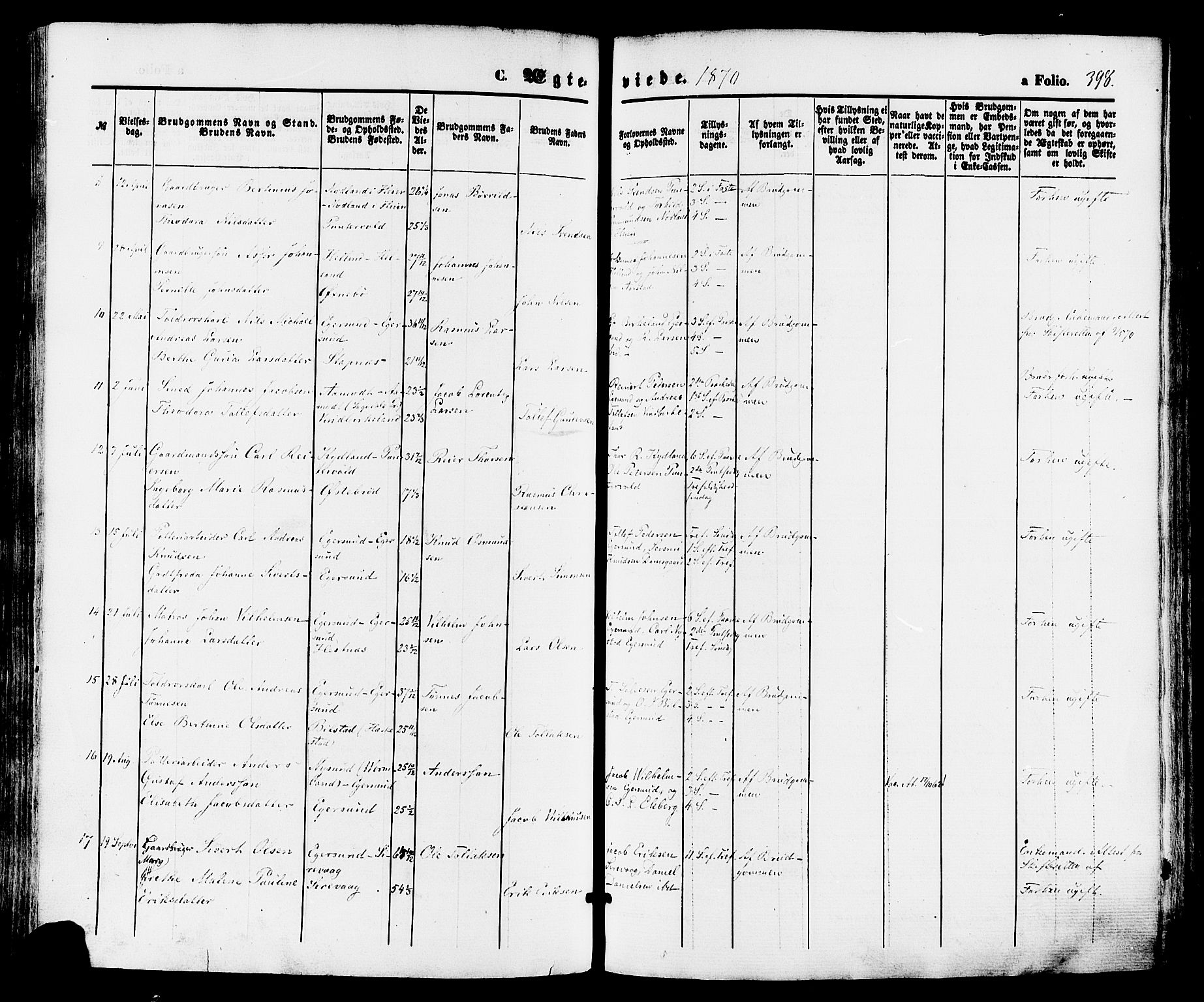 Eigersund sokneprestkontor, AV/SAST-A-101807/S08/L0014: Parish register (official) no. A 13, 1866-1878, p. 398