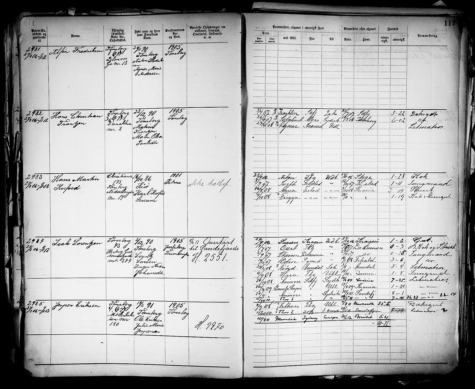 Tønsberg innrulleringskontor, SAKO/A-786/F/Fb/L0005: Annotasjonsrulle Patent nr. 2401-4080, 1904-1910, p. 121