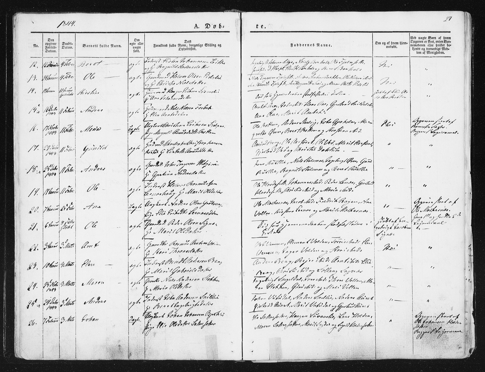 Ministerialprotokoller, klokkerbøker og fødselsregistre - Sør-Trøndelag, SAT/A-1456/630/L0493: Parish register (official) no. 630A06, 1841-1851, p. 27
