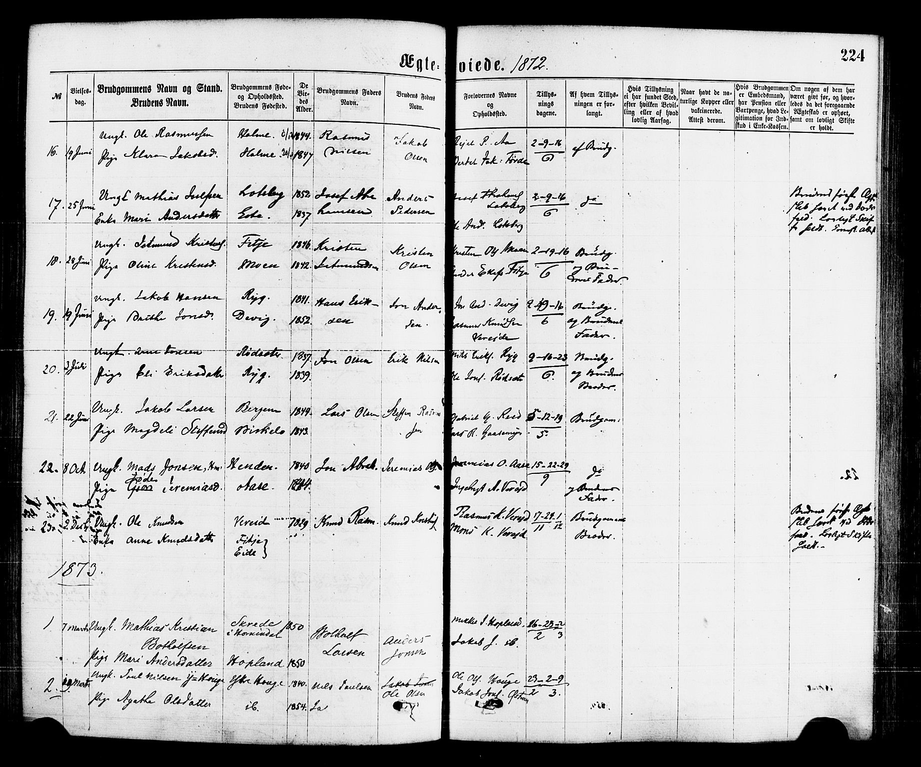 Gloppen sokneprestembete, SAB/A-80101/H/Haa/Haaa/L0010: Parish register (official) no. A 10, 1871-1884, p. 224