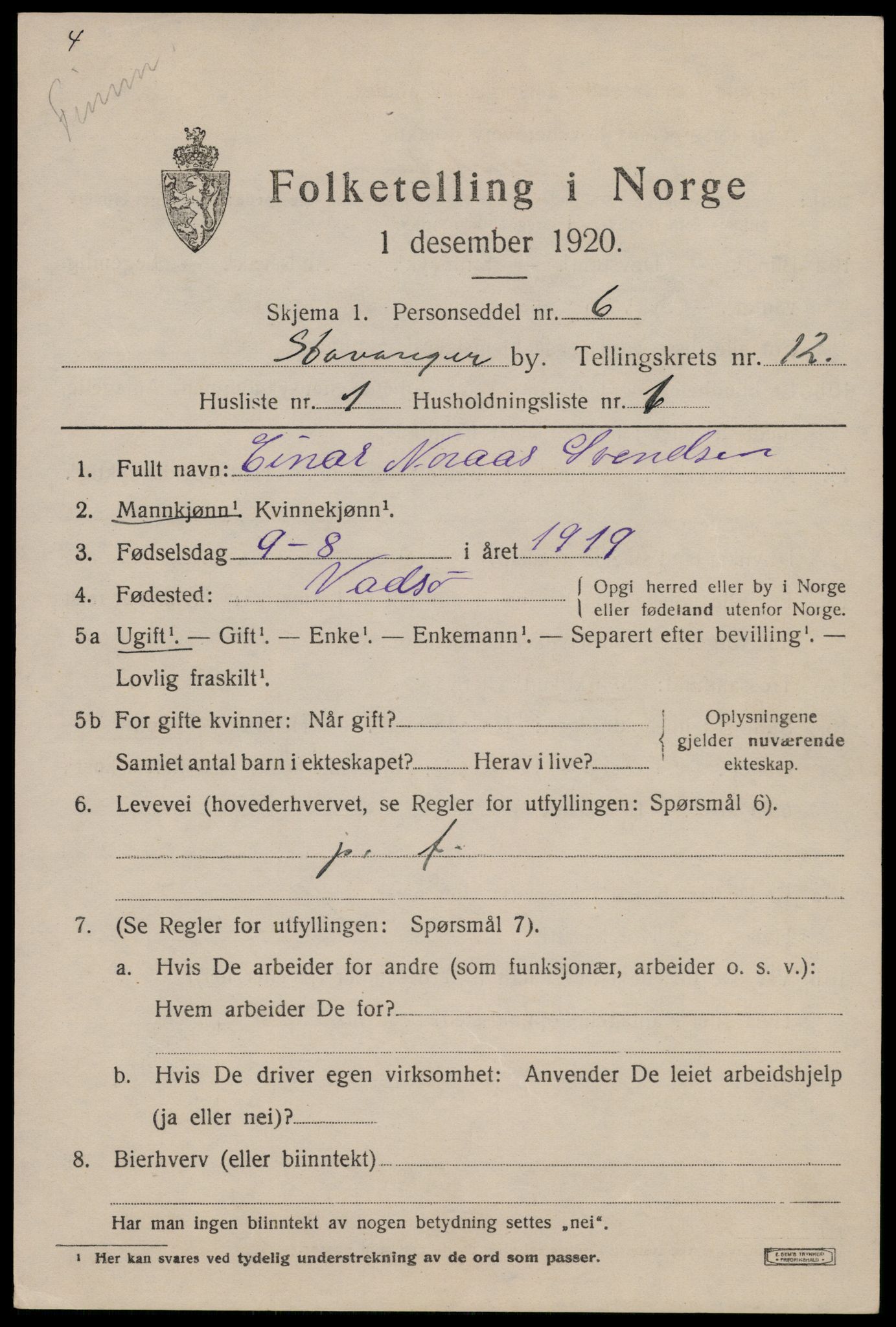 SAST, 1920 census for Stavanger, 1920, p. 56076