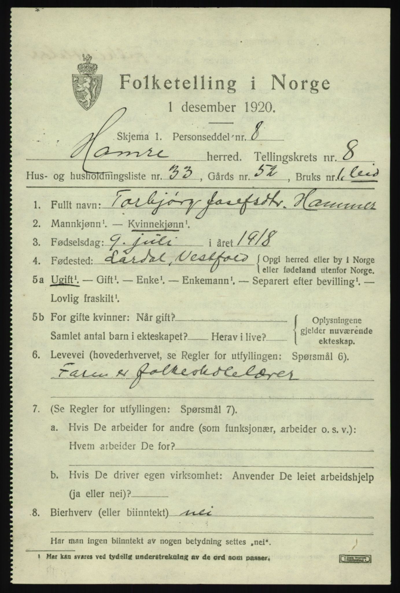 SAB, 1920 census for Hamre, 1920, p. 4835