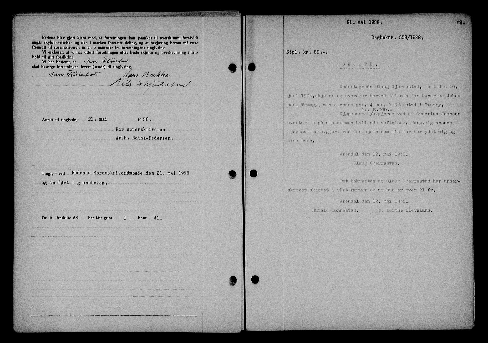 Nedenes sorenskriveri, SAK/1221-0006/G/Gb/Gba/L0045: Mortgage book no. 41, 1938-1938, Diary no: : 508/1938