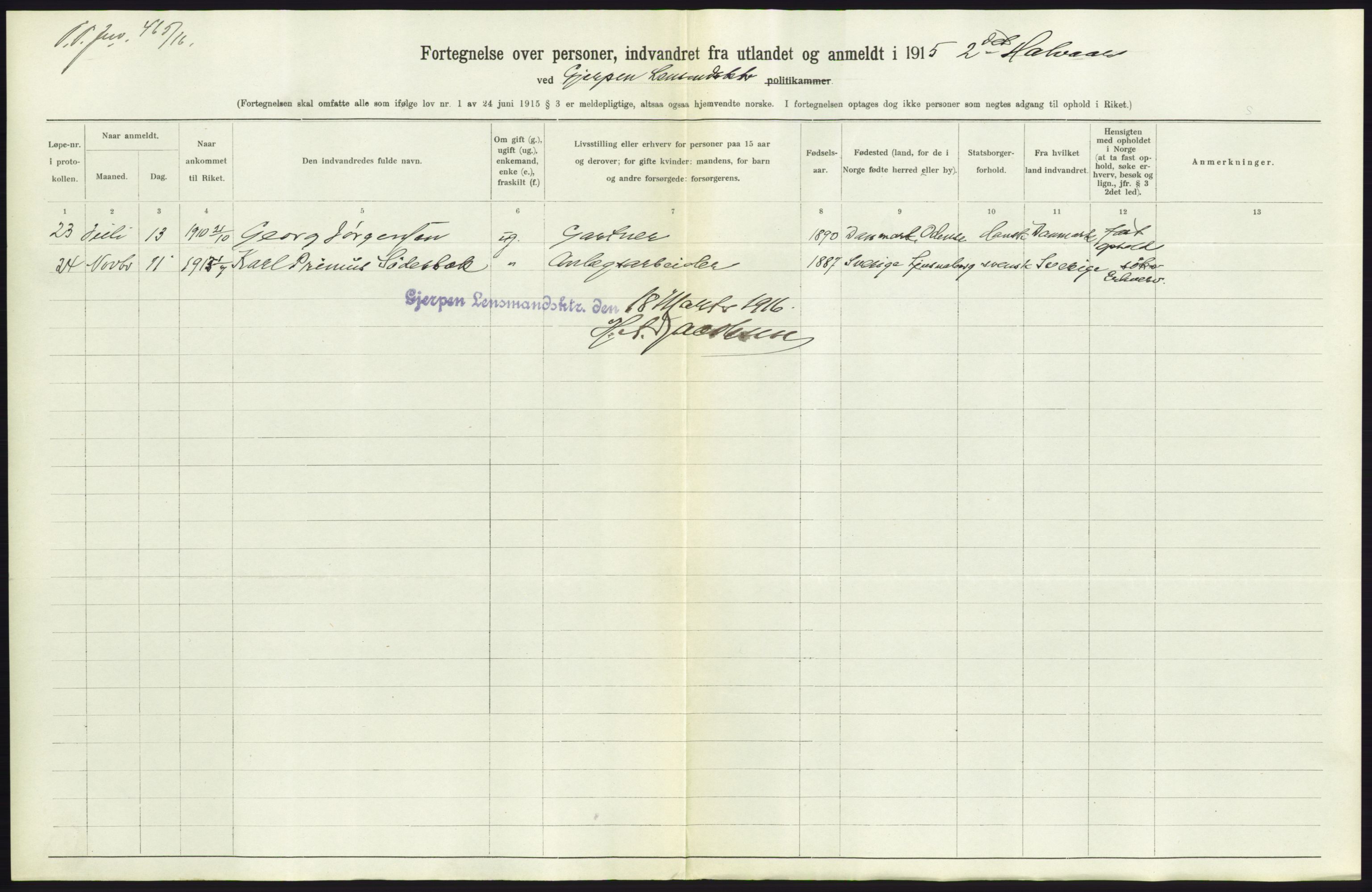 Statistisk sentralbyrå, Sosioøkonomiske emner, Folketellinger, boliger og boforhold, AV/RA-S-2231/F/Fa/L0001: Innvandring. Navn/fylkesvis, 1915, p. 314