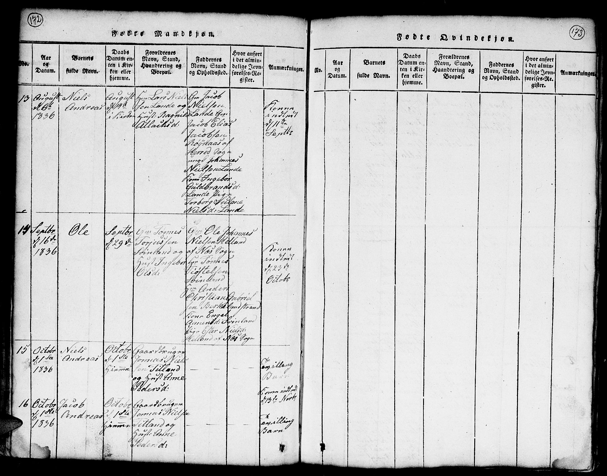 Kvinesdal sokneprestkontor, AV/SAK-1111-0026/F/Fb/Fba/L0001: Parish register (copy) no. B 1, 1815-1839, p. 172-173