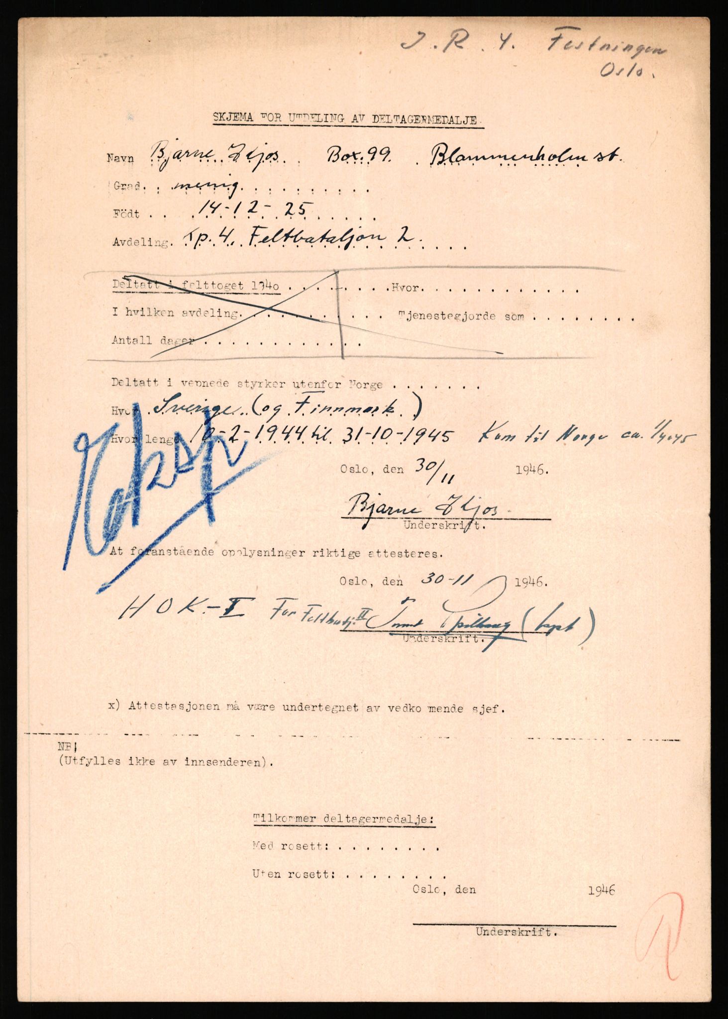 Forsvaret, Jegerkorpset - Akershus infantriregiment nr. 4, AV/RA-RAFA-2947/D/Dd/L0055: DELTAKERMEDALJEN 2. VERDENSKRIG BOKS 3 H-M, 1945-1950, p. 556