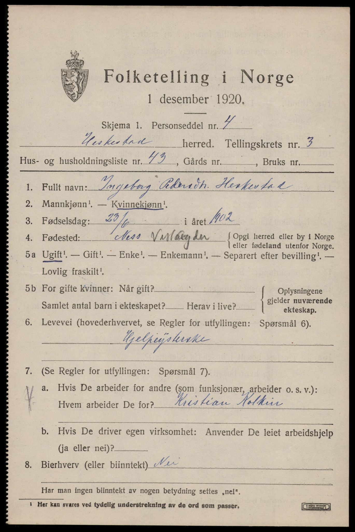 SAST, 1920 census for Heskestad, 1920, p. 1413