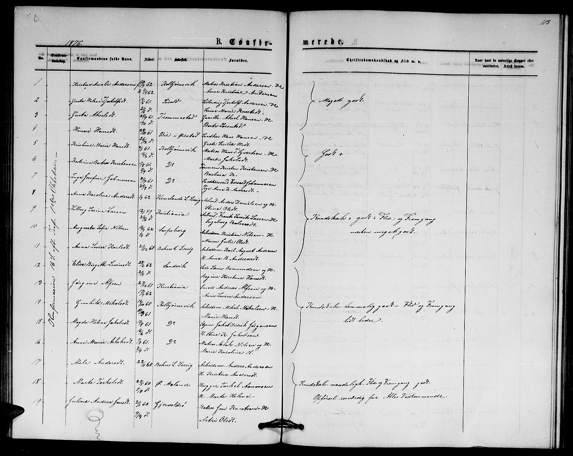 Hisøy sokneprestkontor, SAK/1111-0020/F/Fb/L0002: Parish register (copy) no. B 2, 1873-1885, p. 113