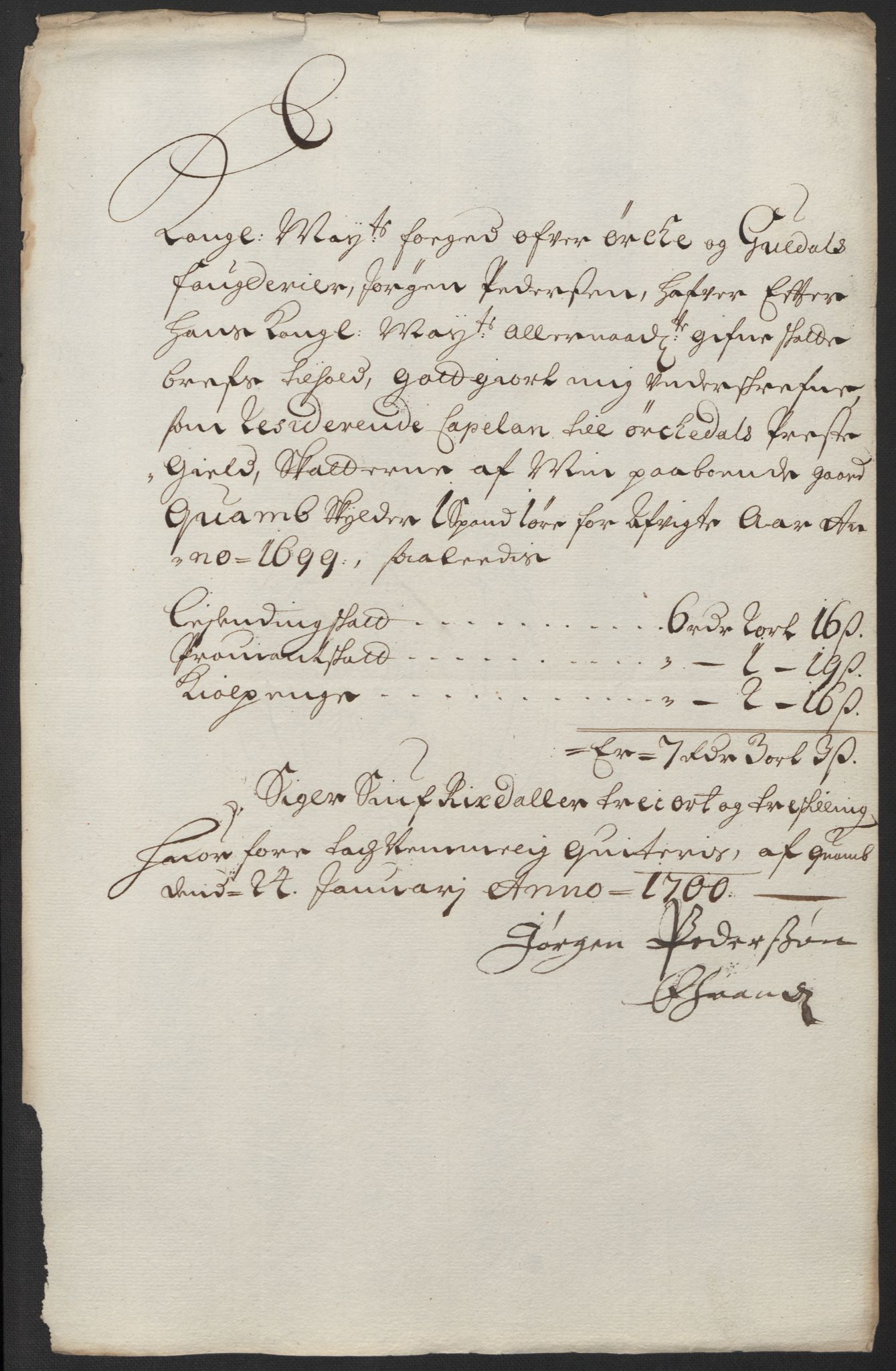 Rentekammeret inntil 1814, Reviderte regnskaper, Fogderegnskap, AV/RA-EA-4092/R60/L3949: Fogderegnskap Orkdal og Gauldal, 1699, p. 170