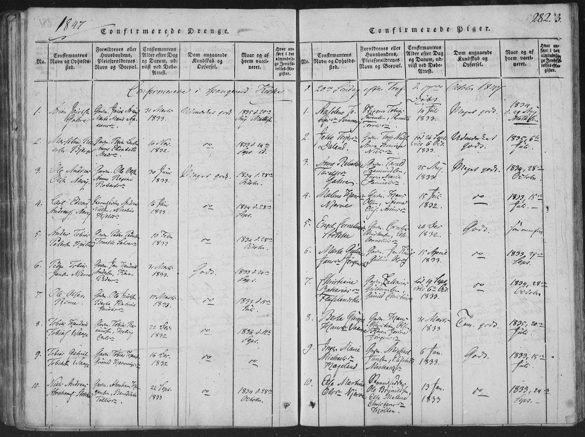 Sør-Audnedal sokneprestkontor, SAK/1111-0039/F/Fa/Faa/L0001: Parish register (official) no. A 1, 1816-1848, p. 282