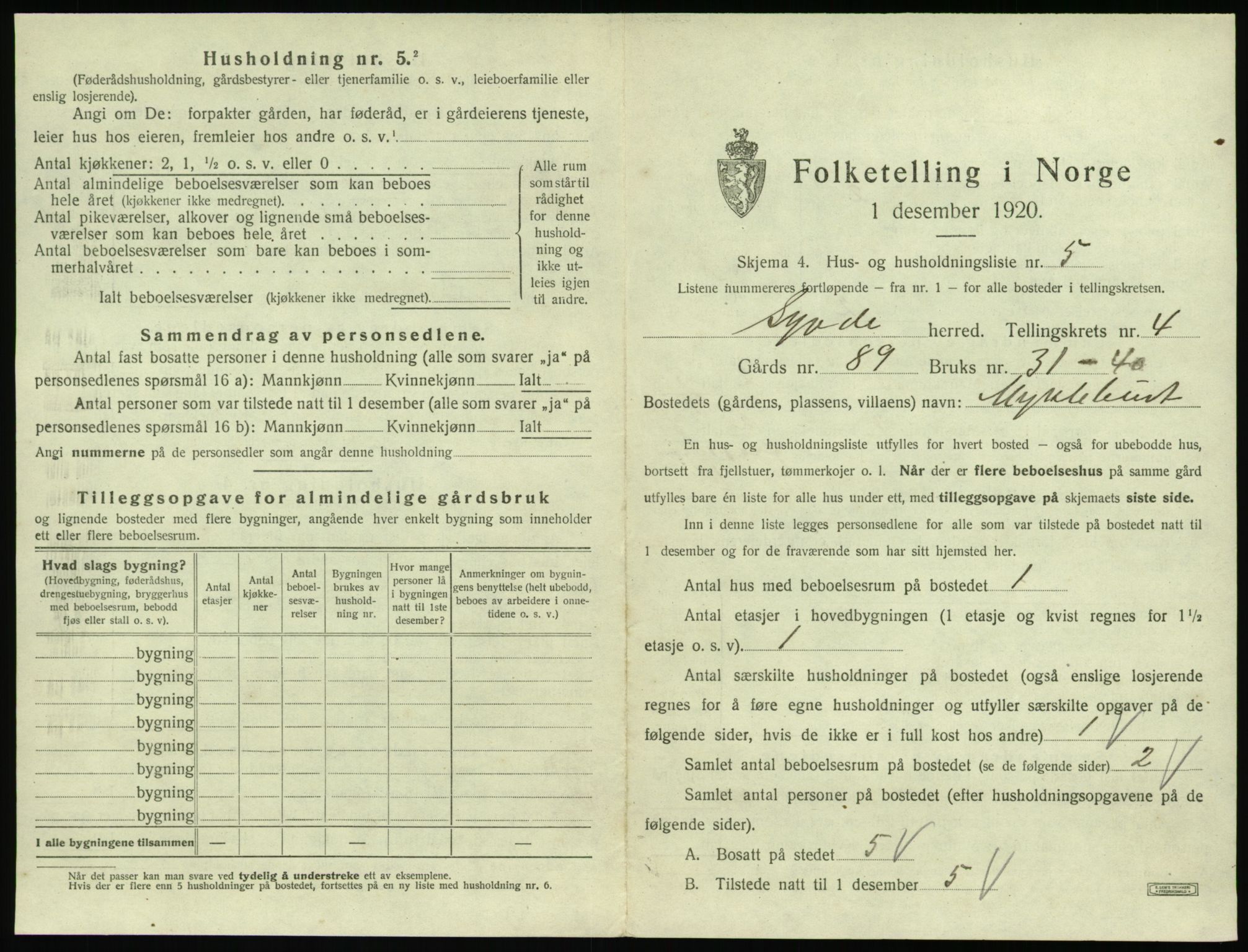 SAT, 1920 census for Syvde, 1920, p. 188