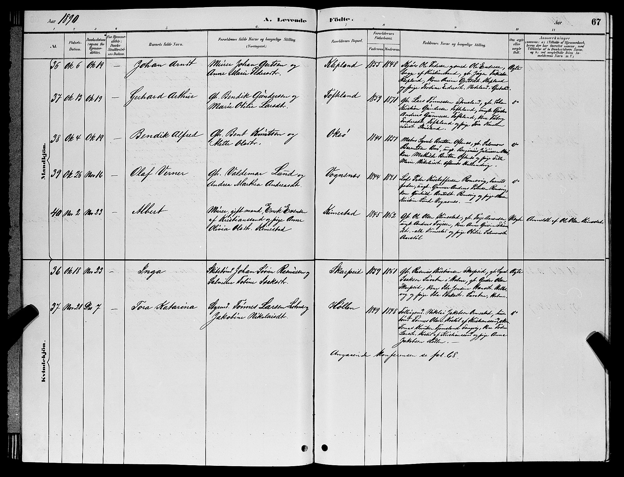 Søgne sokneprestkontor, SAK/1111-0037/F/Fb/Fbb/L0005: Parish register (copy) no. B 5, 1884-1891, p. 67