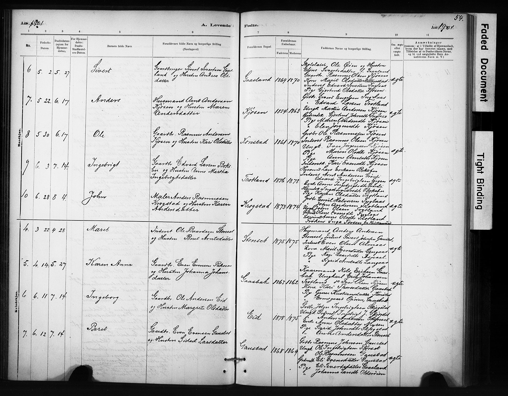 Ministerialprotokoller, klokkerbøker og fødselsregistre - Sør-Trøndelag, AV/SAT-A-1456/694/L1127: Parish register (official) no. 694A01, 1887-1905, p. 54