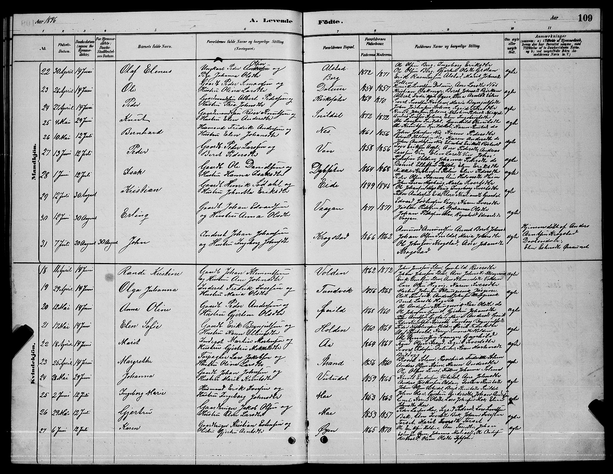 Ministerialprotokoller, klokkerbøker og fødselsregistre - Sør-Trøndelag, SAT/A-1456/630/L0504: Parish register (copy) no. 630C02, 1879-1898, p. 109